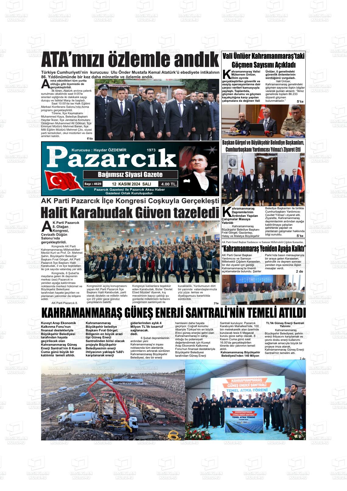 12 Kasım 2024 Pazarcık Gazete Manşeti