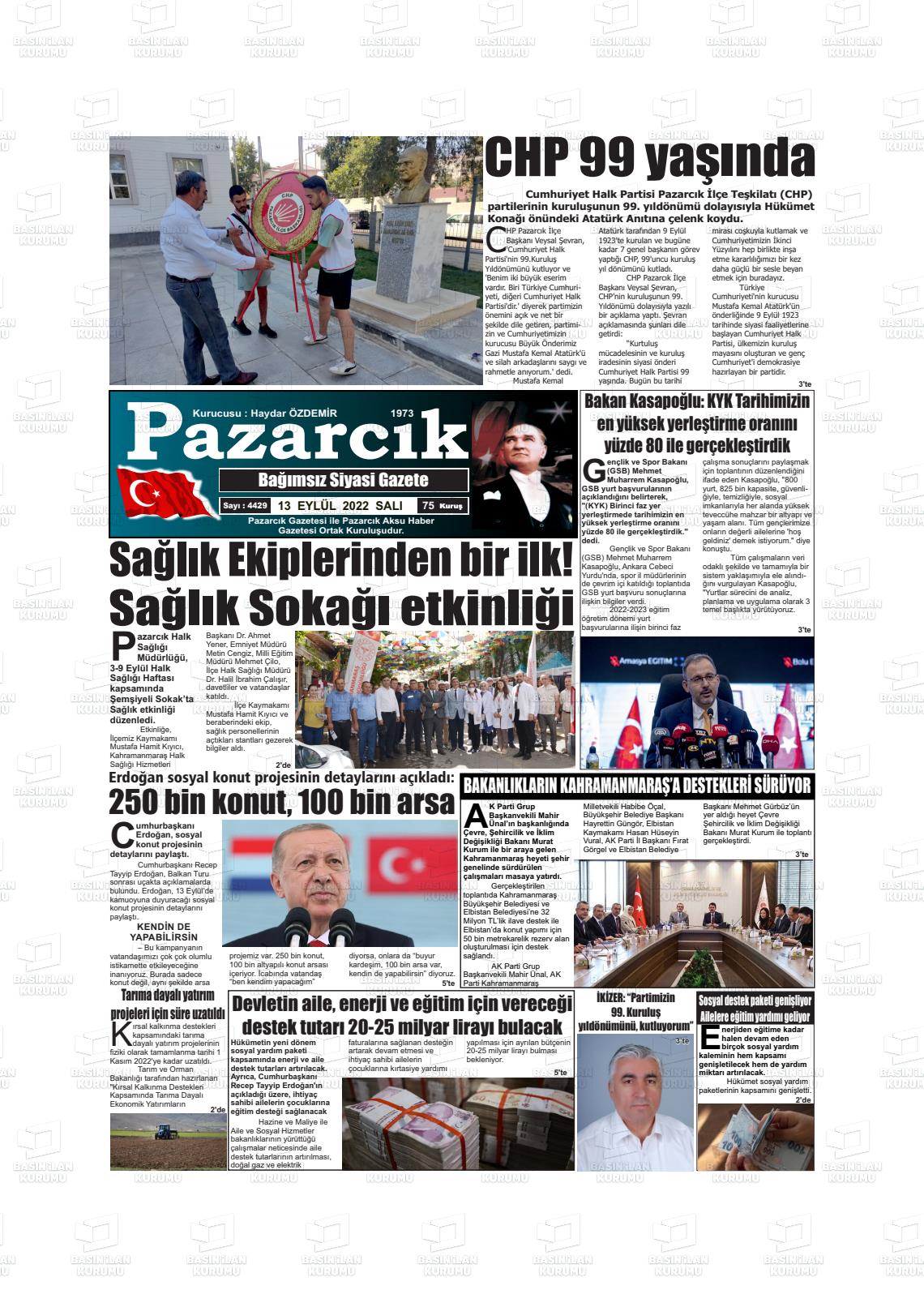 13 Eylül 2022 Pazarcık Gazete Manşeti