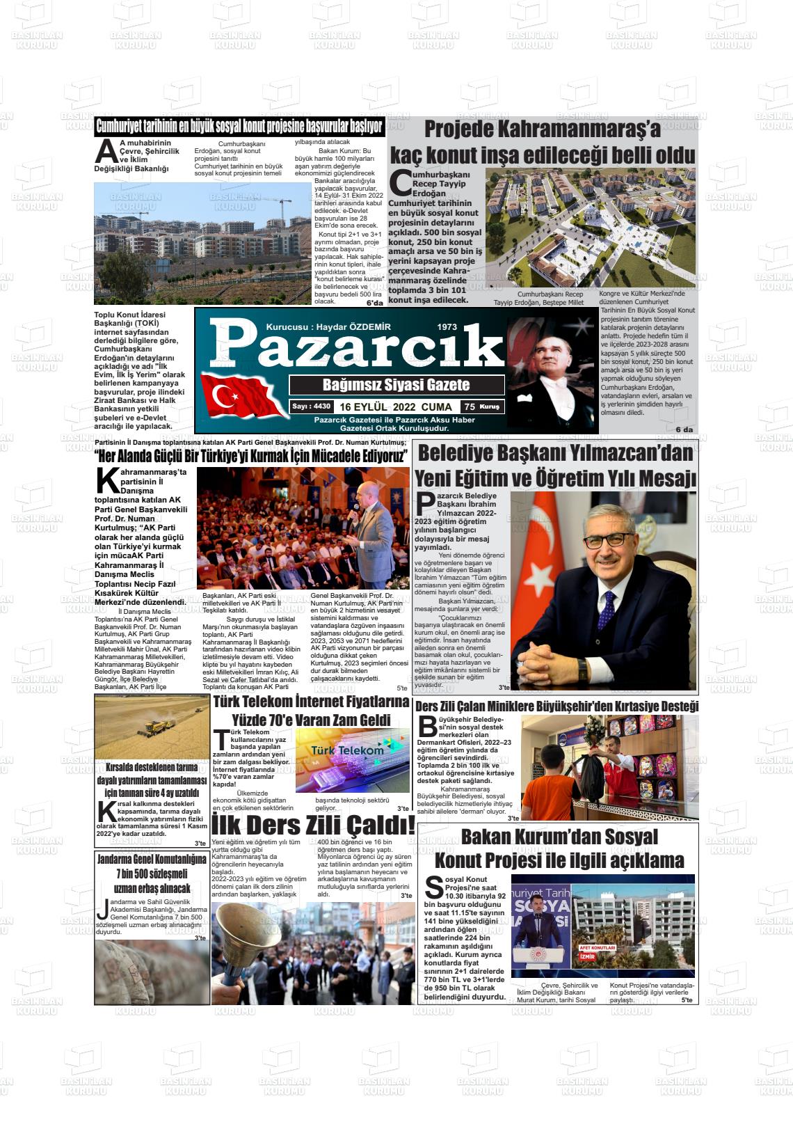 16 Eylül 2022 Pazarcık Gazete Manşeti