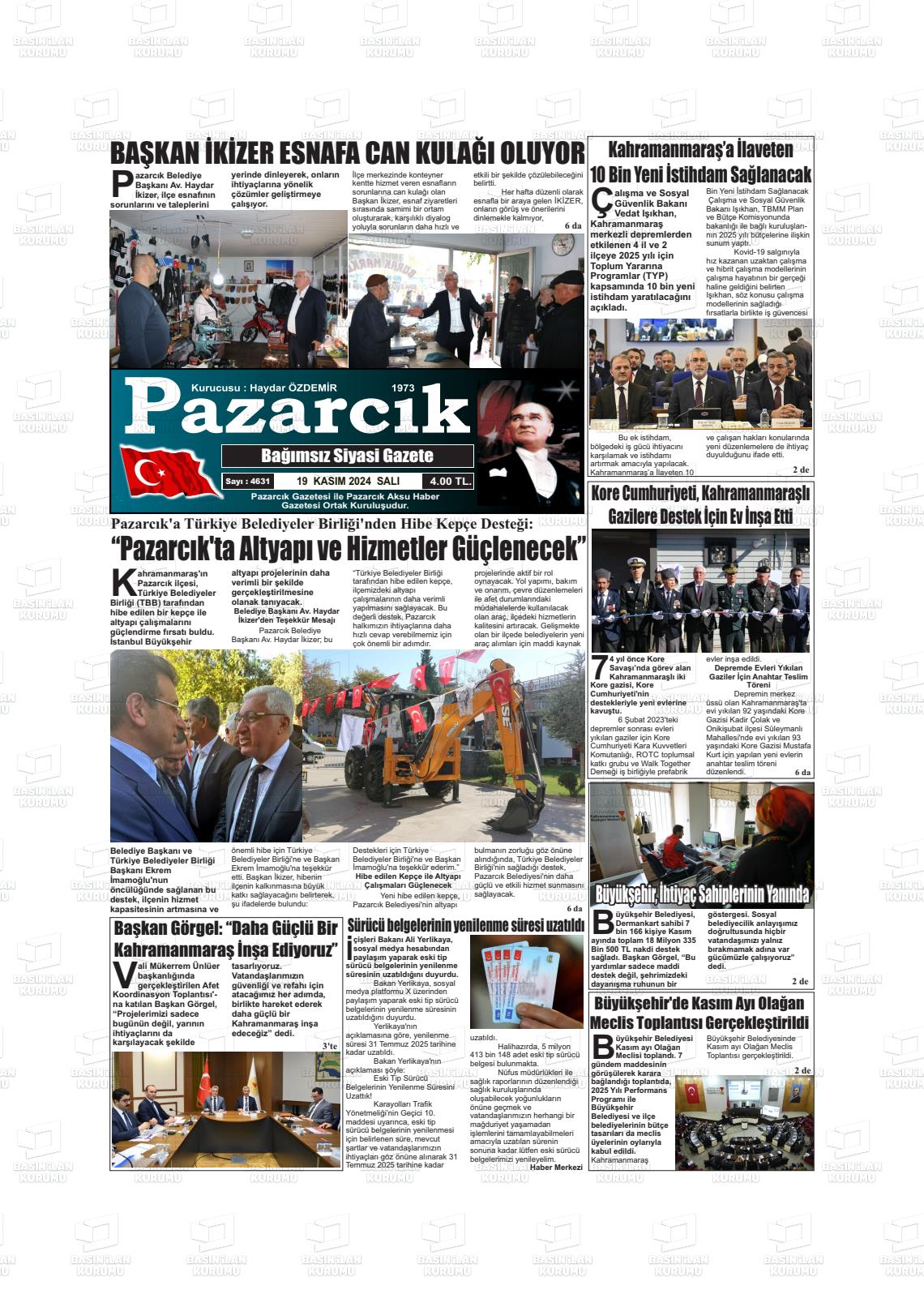 19 Kasım 2024 Pazarcık Gazete Manşeti