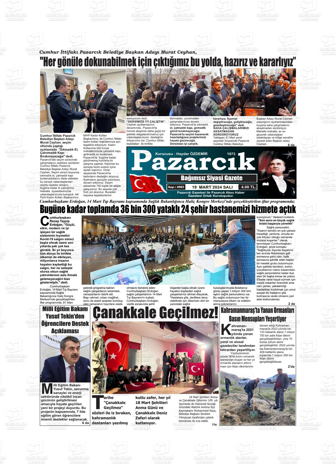 19 Mart 2024 Pazarcık Gazete Manşeti