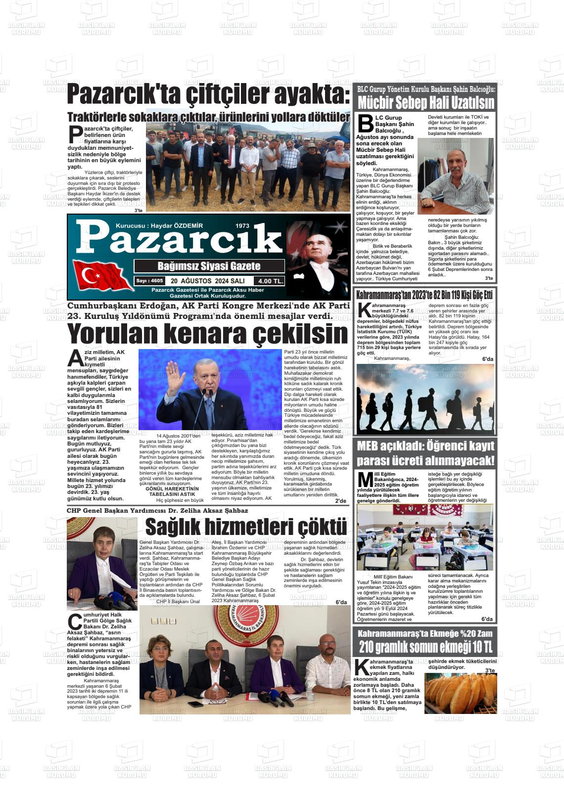 20 Ağustos 2024 Pazarcık Gazete Manşeti