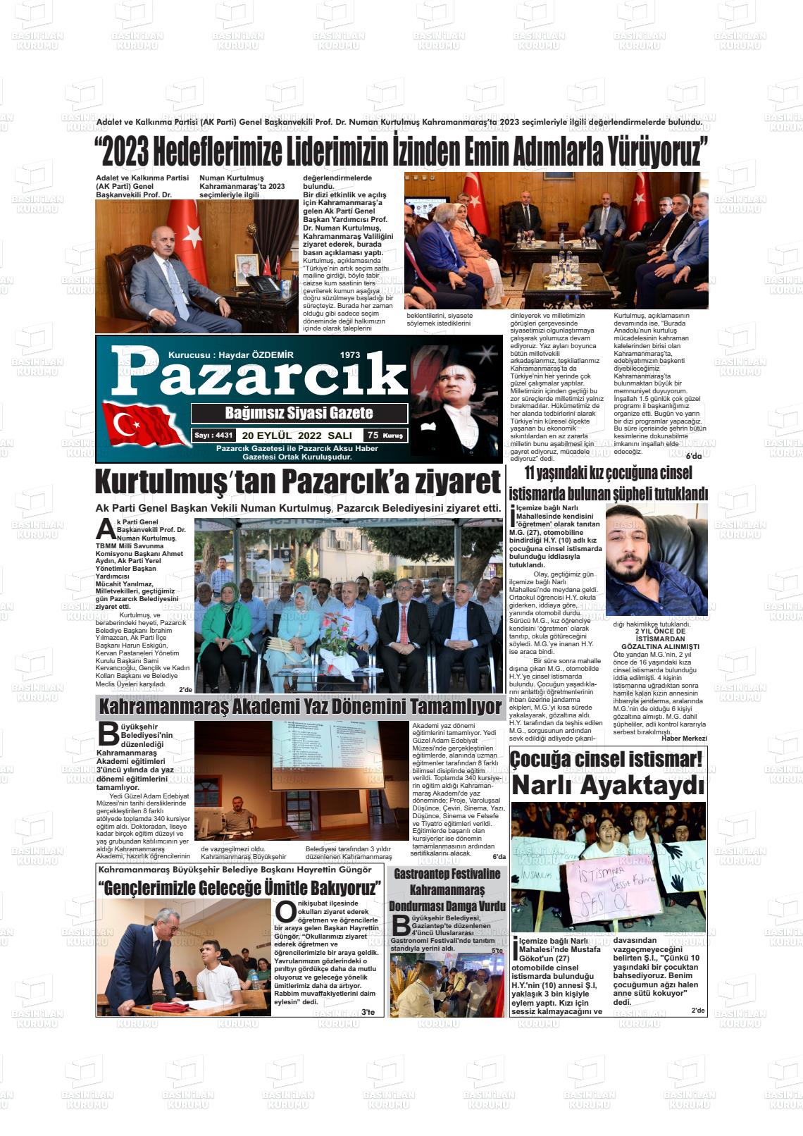 20 Eylül 2022 Pazarcık Gazete Manşeti