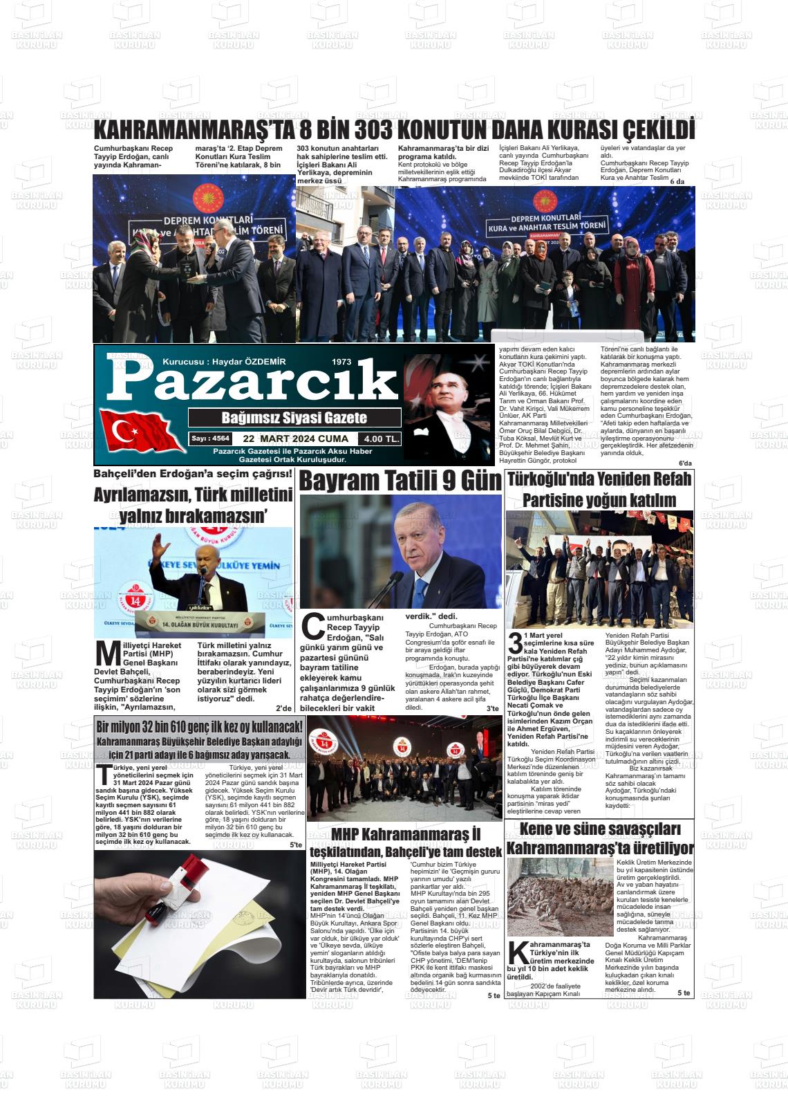 22 Mart 2024 Pazarcık Gazete Manşeti