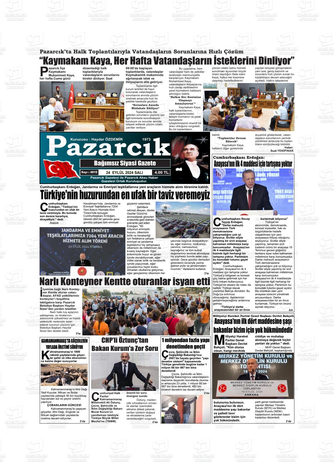 24 Eylül 2024 Pazarcık Gazete Manşeti