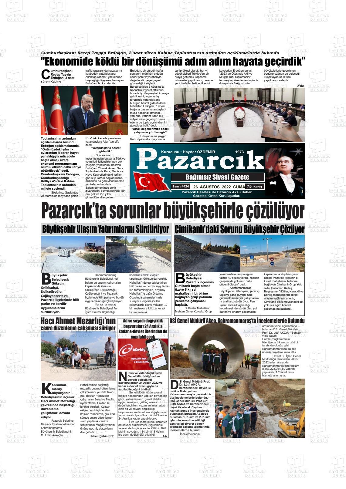 26 Ağustos 2022 Pazarcık Gazete Manşeti