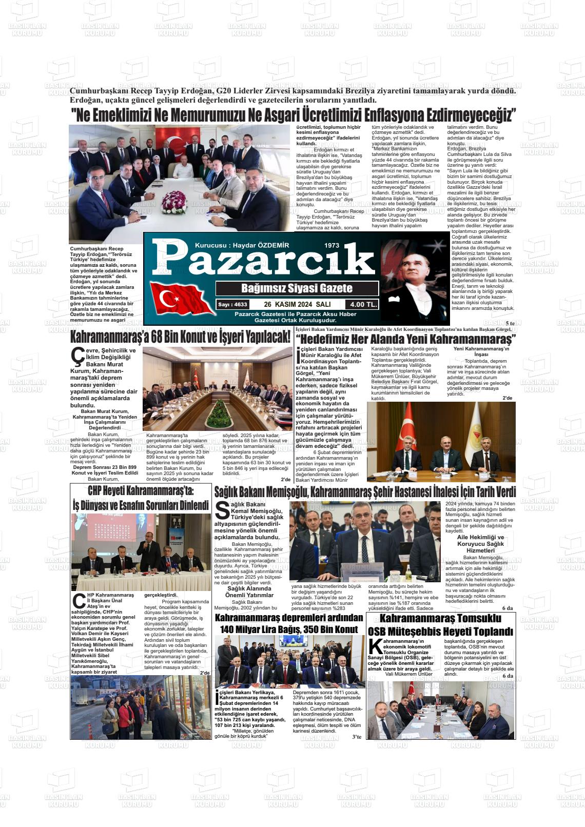 26 Kasım 2024 Pazarcık Gazete Manşeti