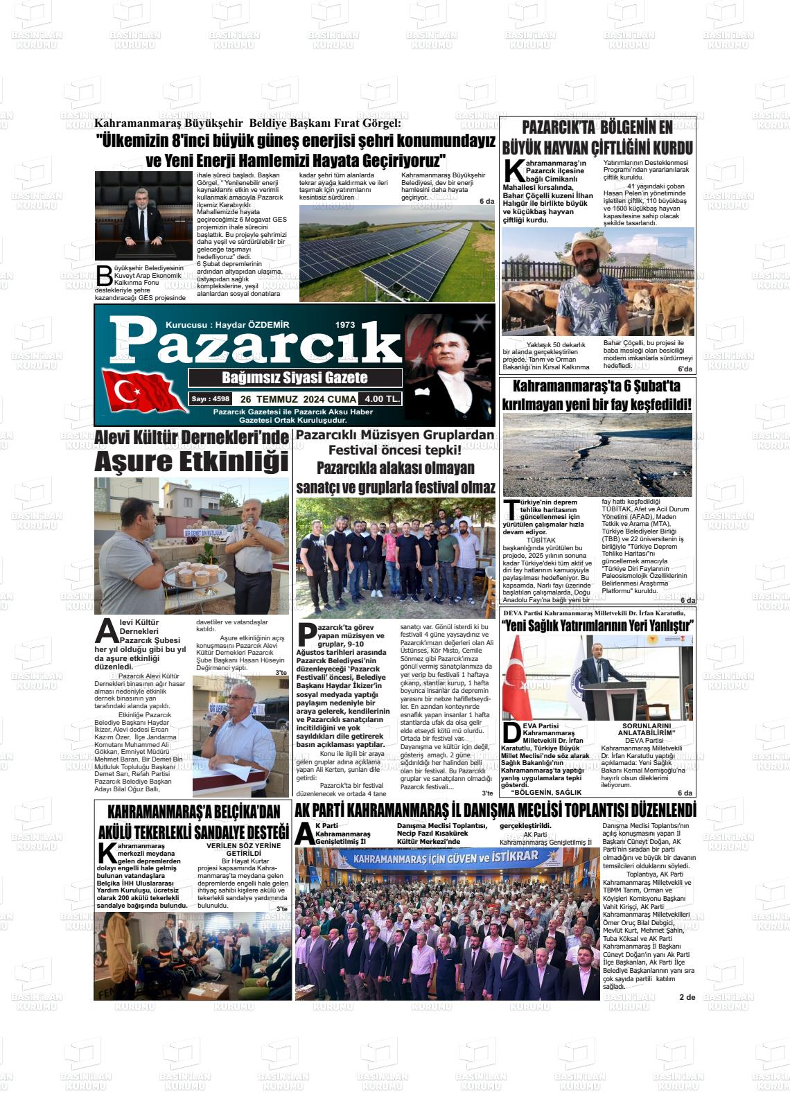 27 Temmuz 2024 Pazarcık Gazete Manşeti