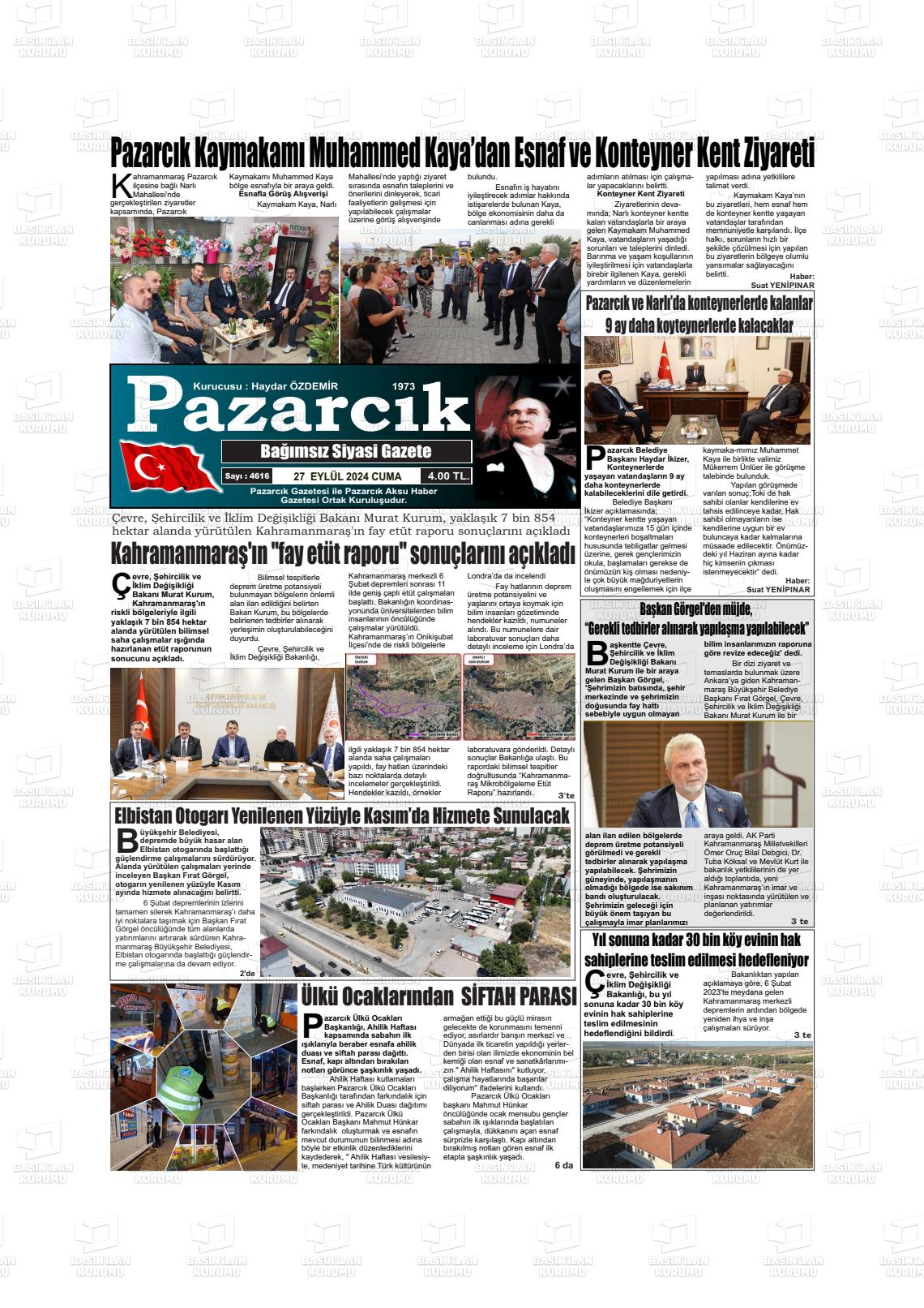 27 Eylül 2024 Pazarcık Gazete Manşeti