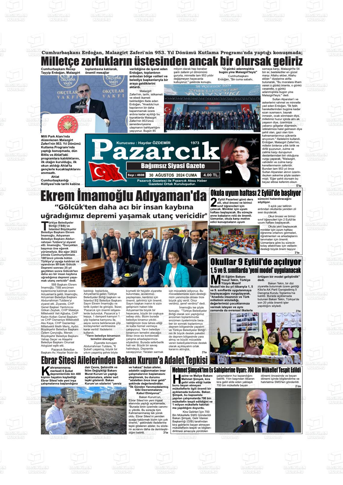 30 Ağustos 2024 Pazarcık Gazete Manşeti