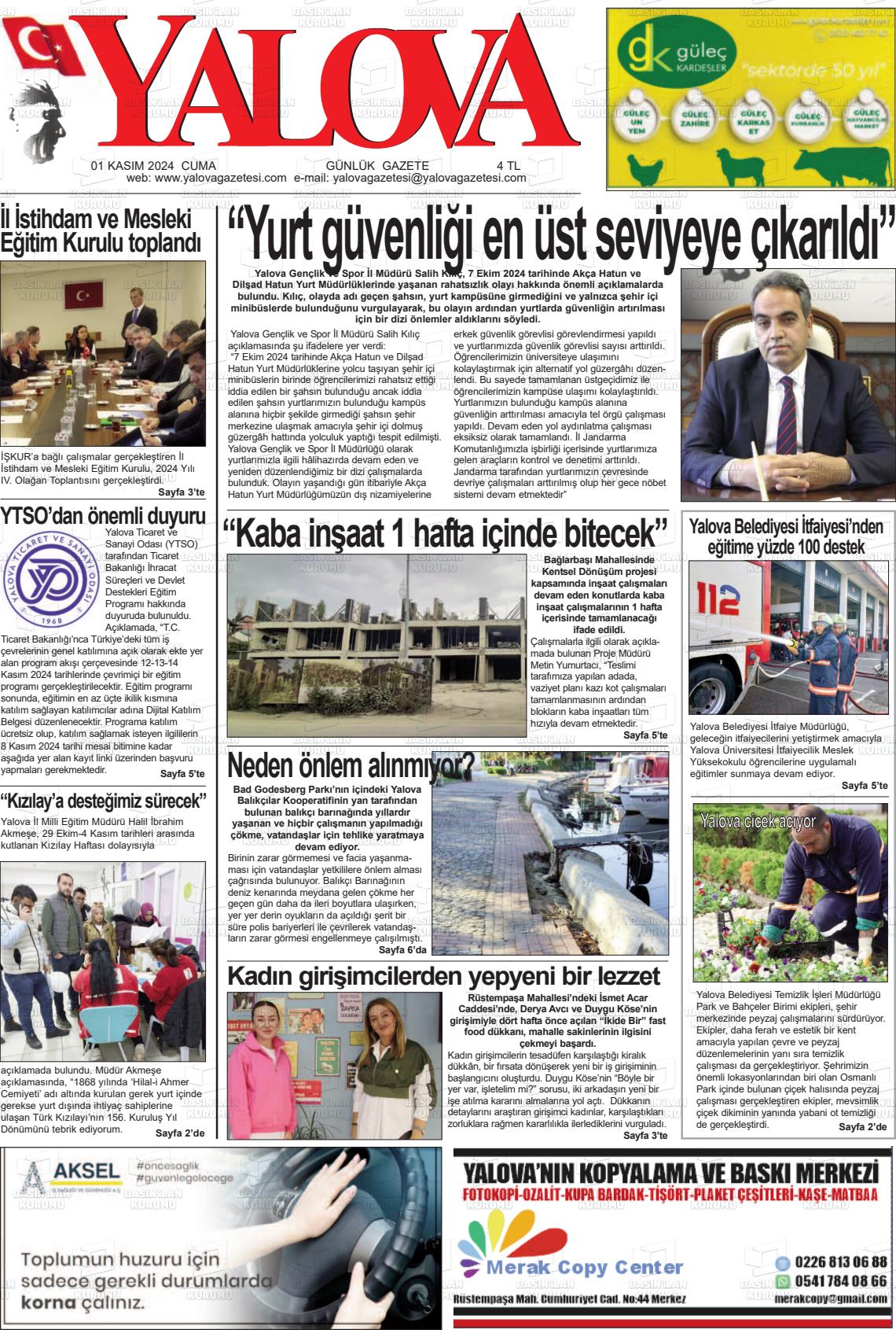 01 Kasım 2024 Yalova Gazete Manşeti