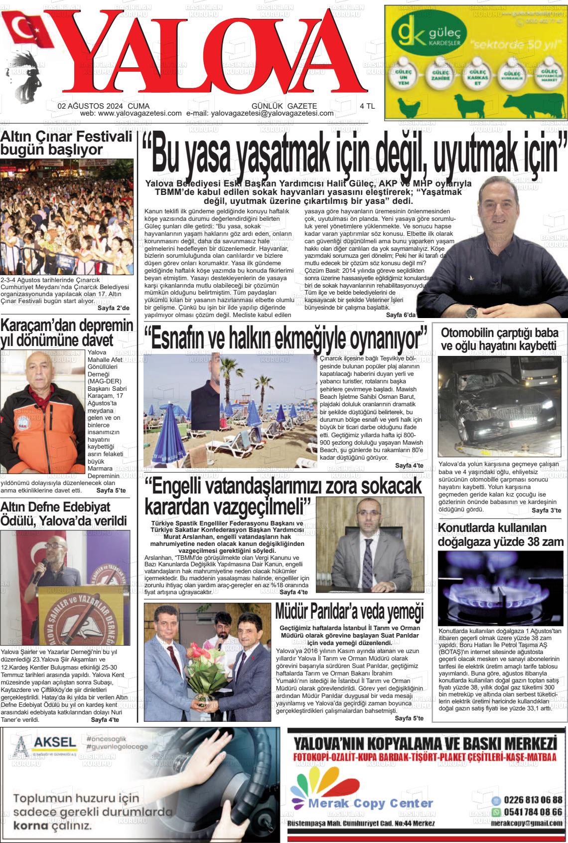 02 Ağustos 2024 Yalova Gazete Manşeti