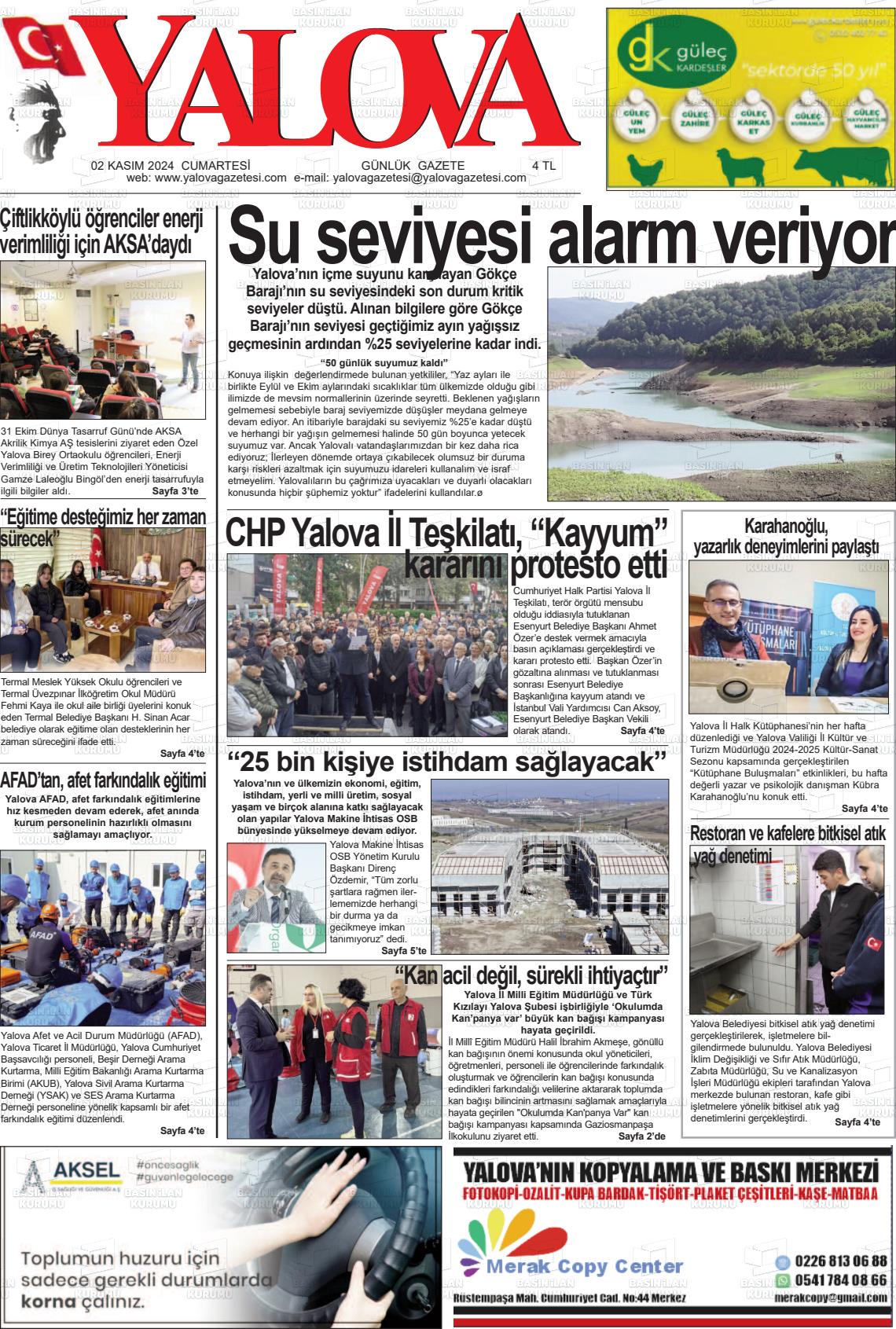 02 Kasım 2024 Yalova Gazete Manşeti