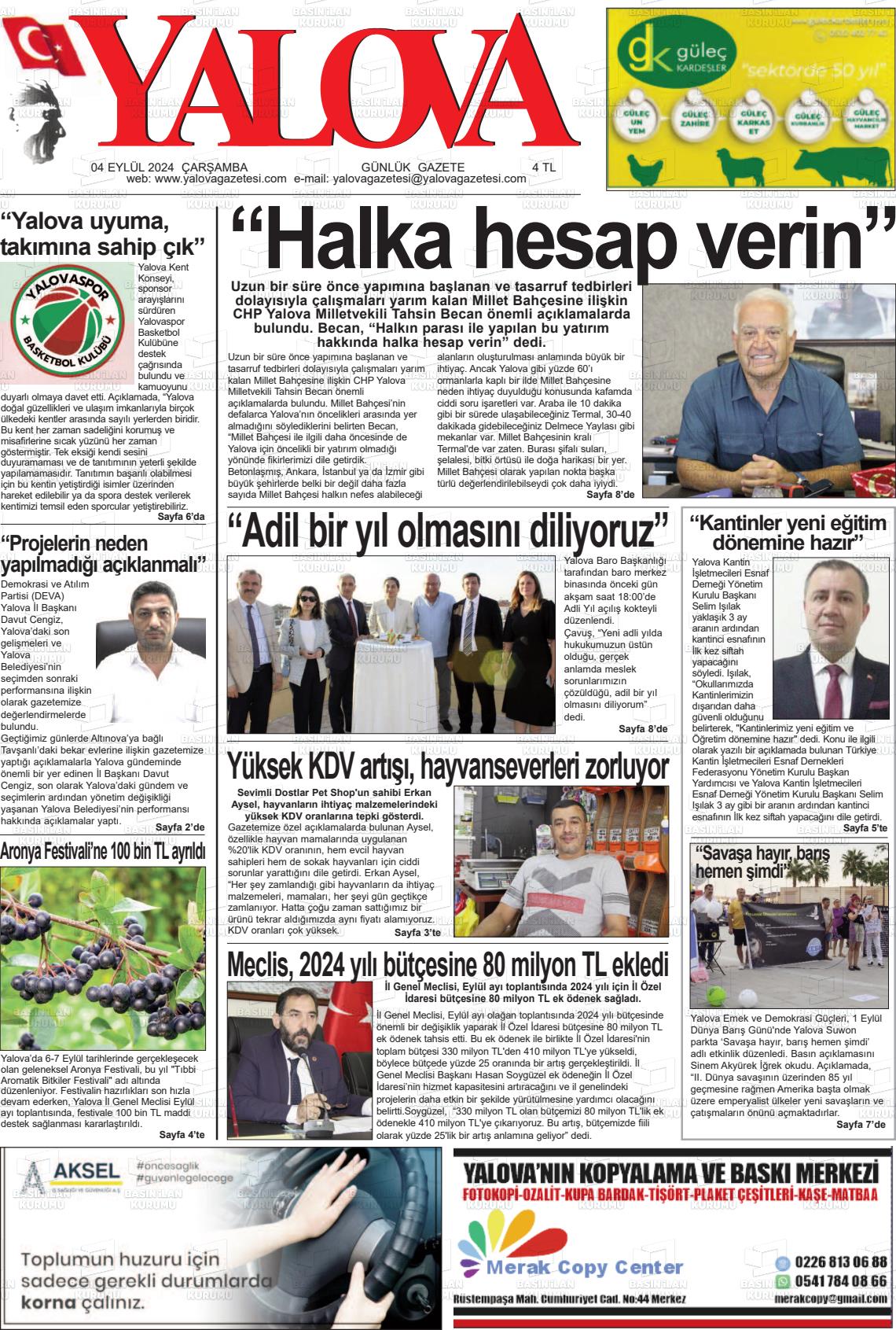 04 Eylül 2024 Yalova Gazete Manşeti