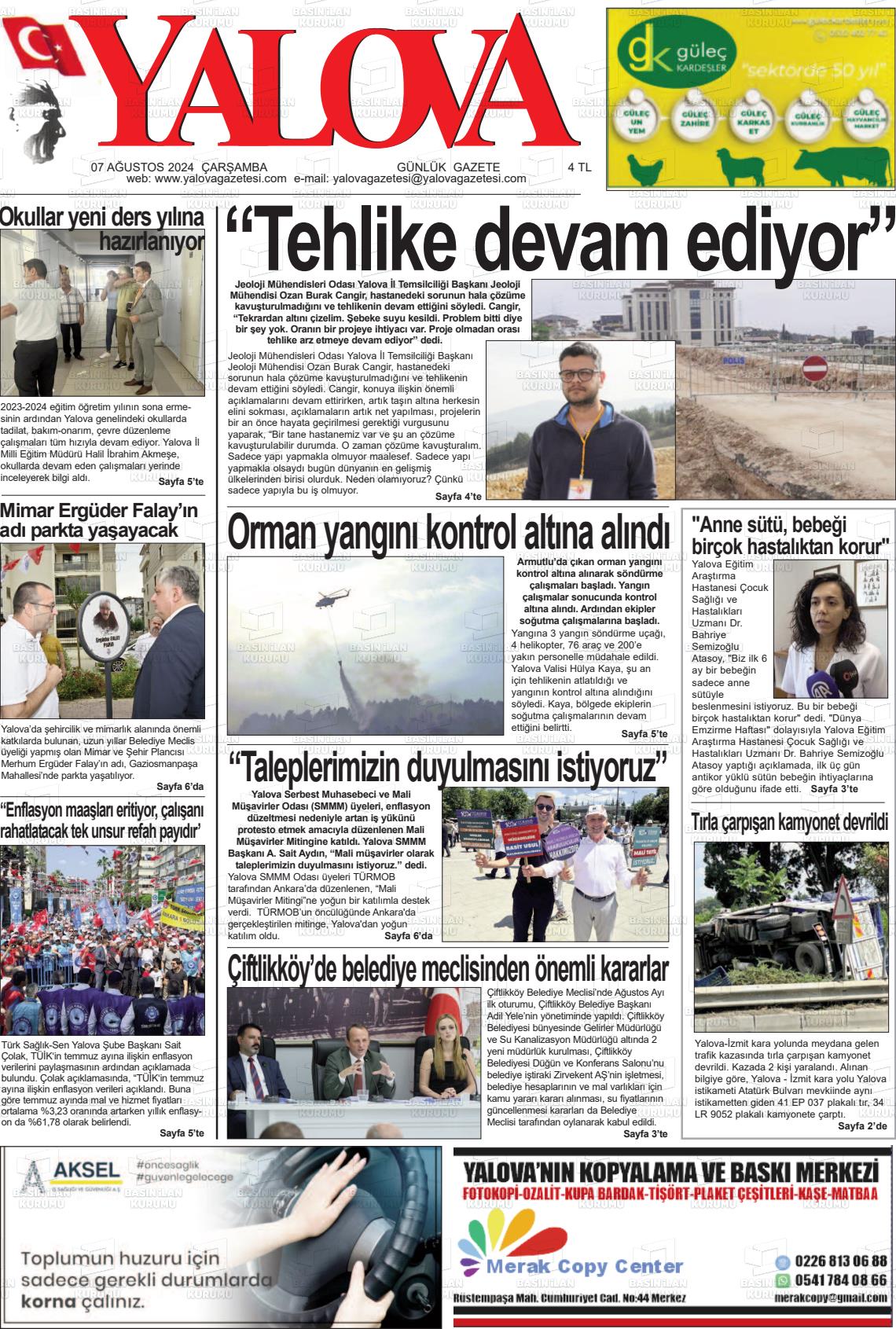 07 Ağustos 2024 Yalova Gazete Manşeti