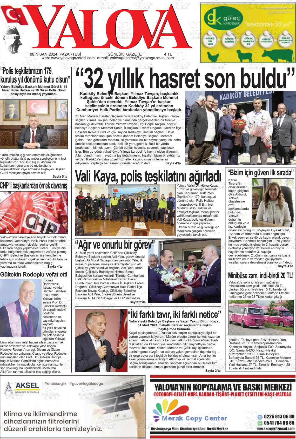 08 Nisan 2024 Yalova Gazete Manşeti