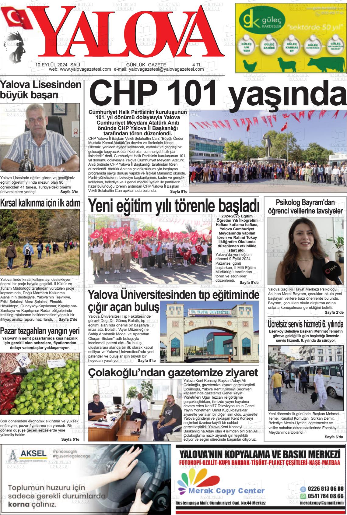 10 Eylül 2024 Yalova Gazete Manşeti