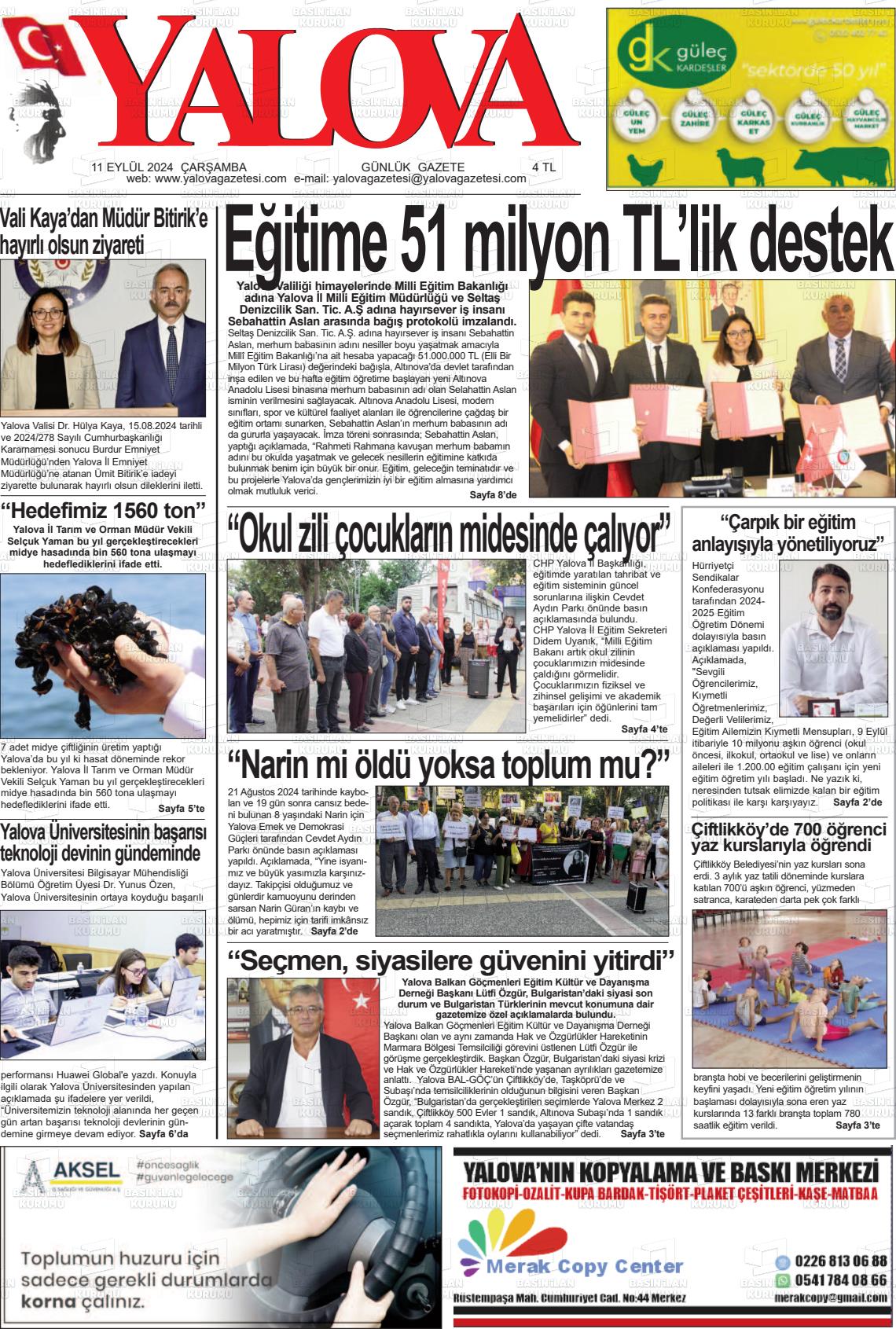 11 Eylül 2024 Yalova Gazete Manşeti