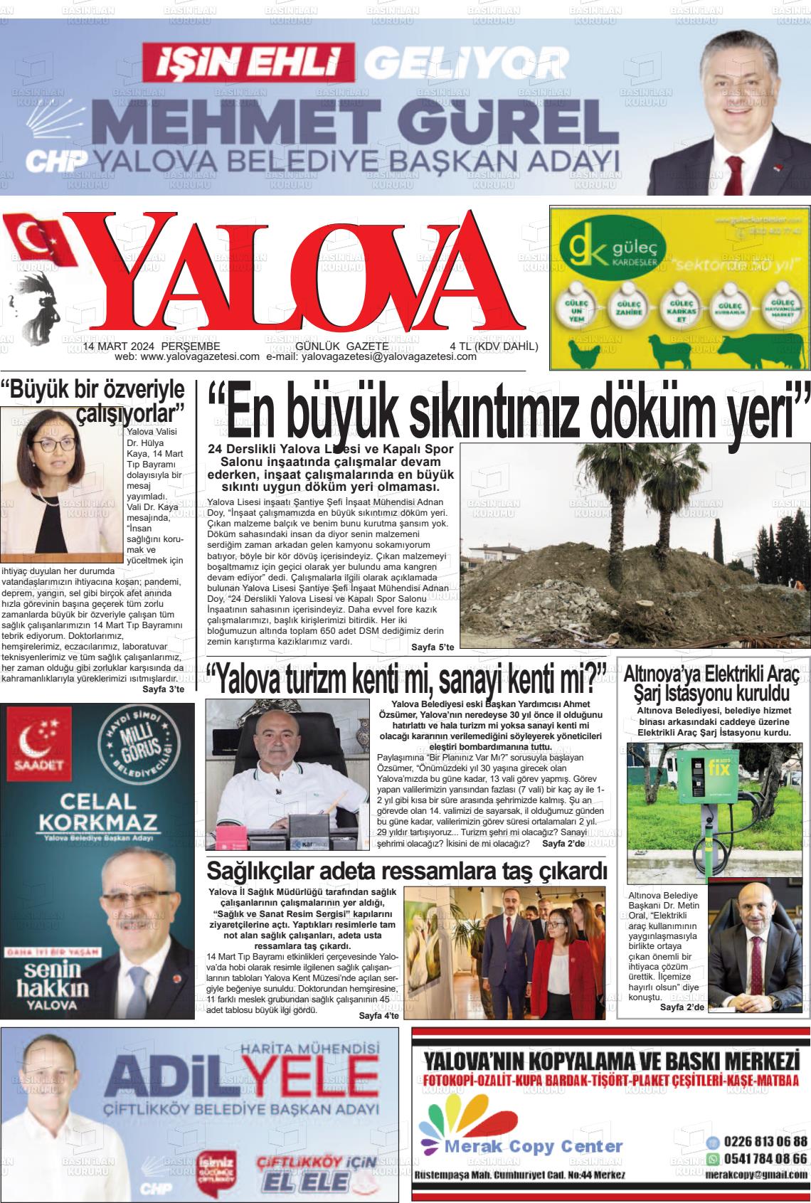 14 Mart 2024 Yalova Gazete Manşeti