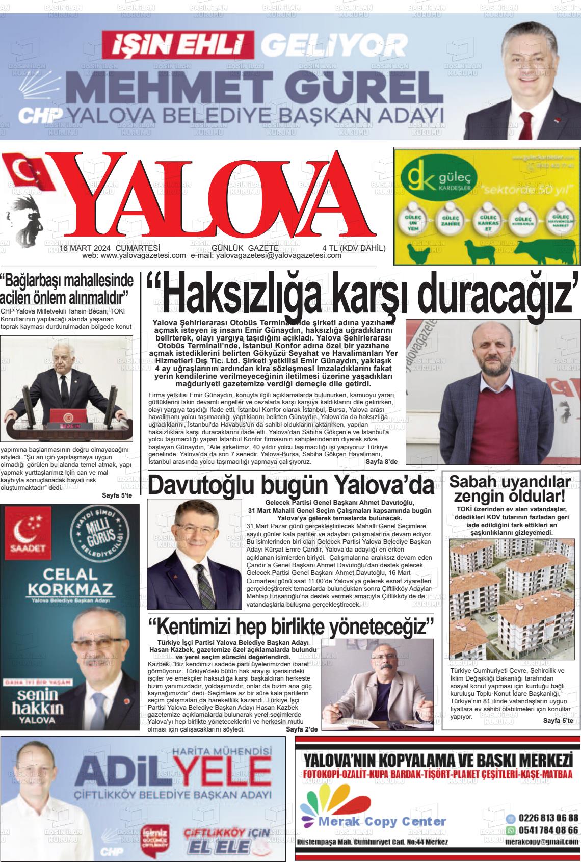 16 Mart 2024 Yalova Gazete Manşeti