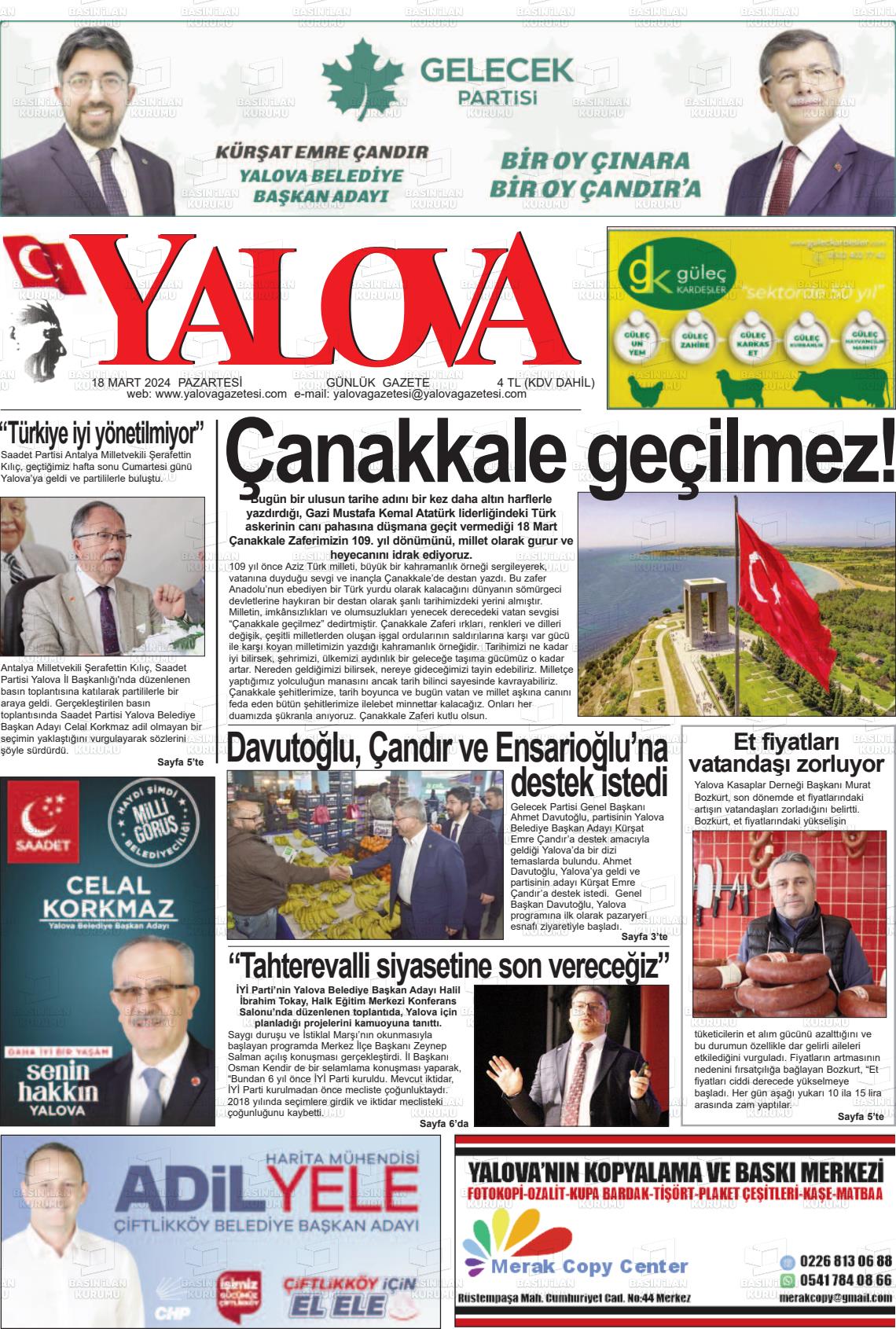 18 Mart 2024 Yalova Gazete Manşeti