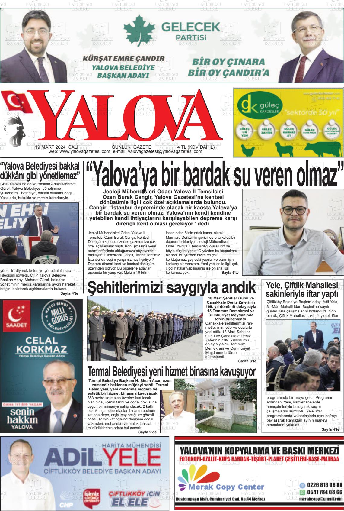 19 Mart 2024 Yalova Gazete Manşeti