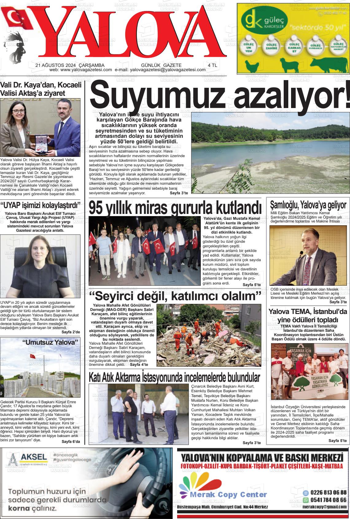 21 Ağustos 2024 Yalova Gazete Manşeti