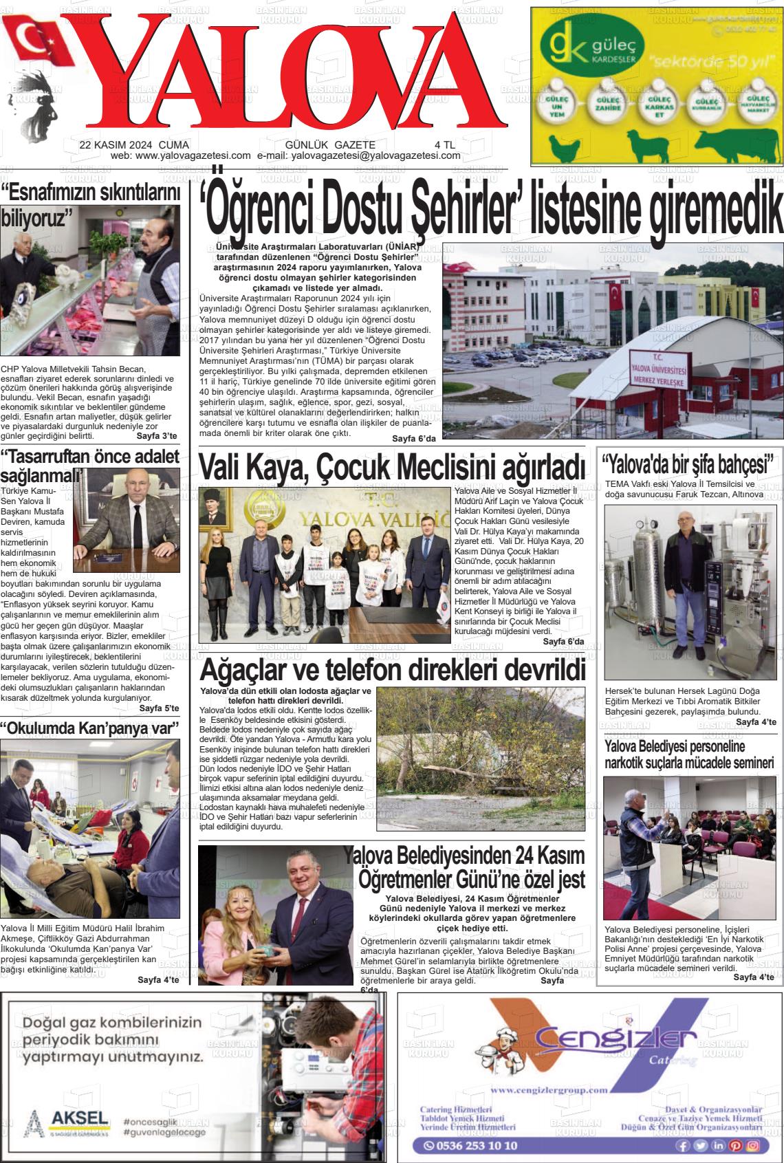 22 Kasım 2024 Yalova Gazete Manşeti