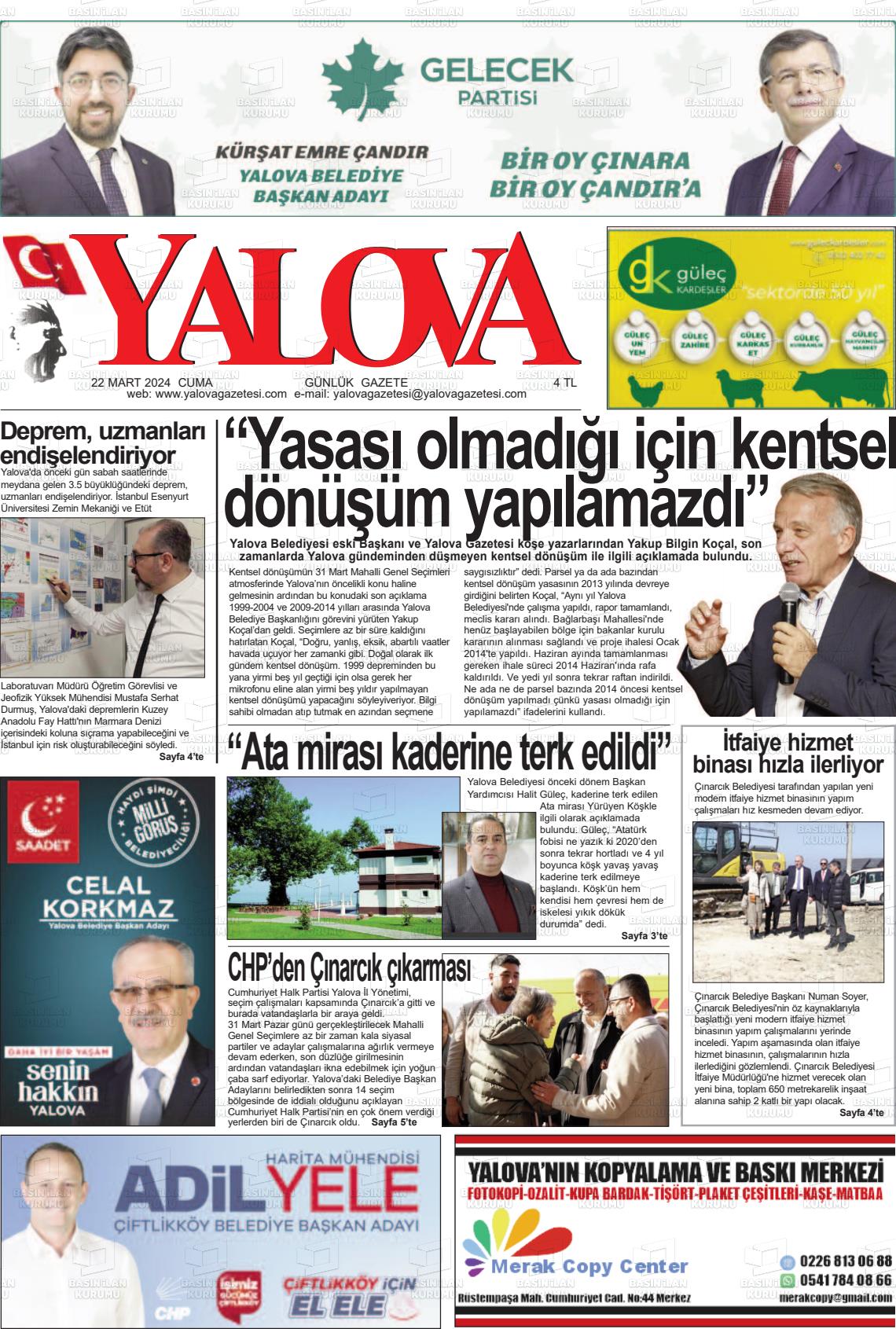 22 Mart 2024 Yalova Gazete Manşeti