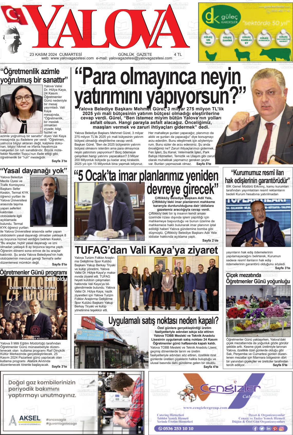 23 Kasım 2024 Yalova Gazete Manşeti