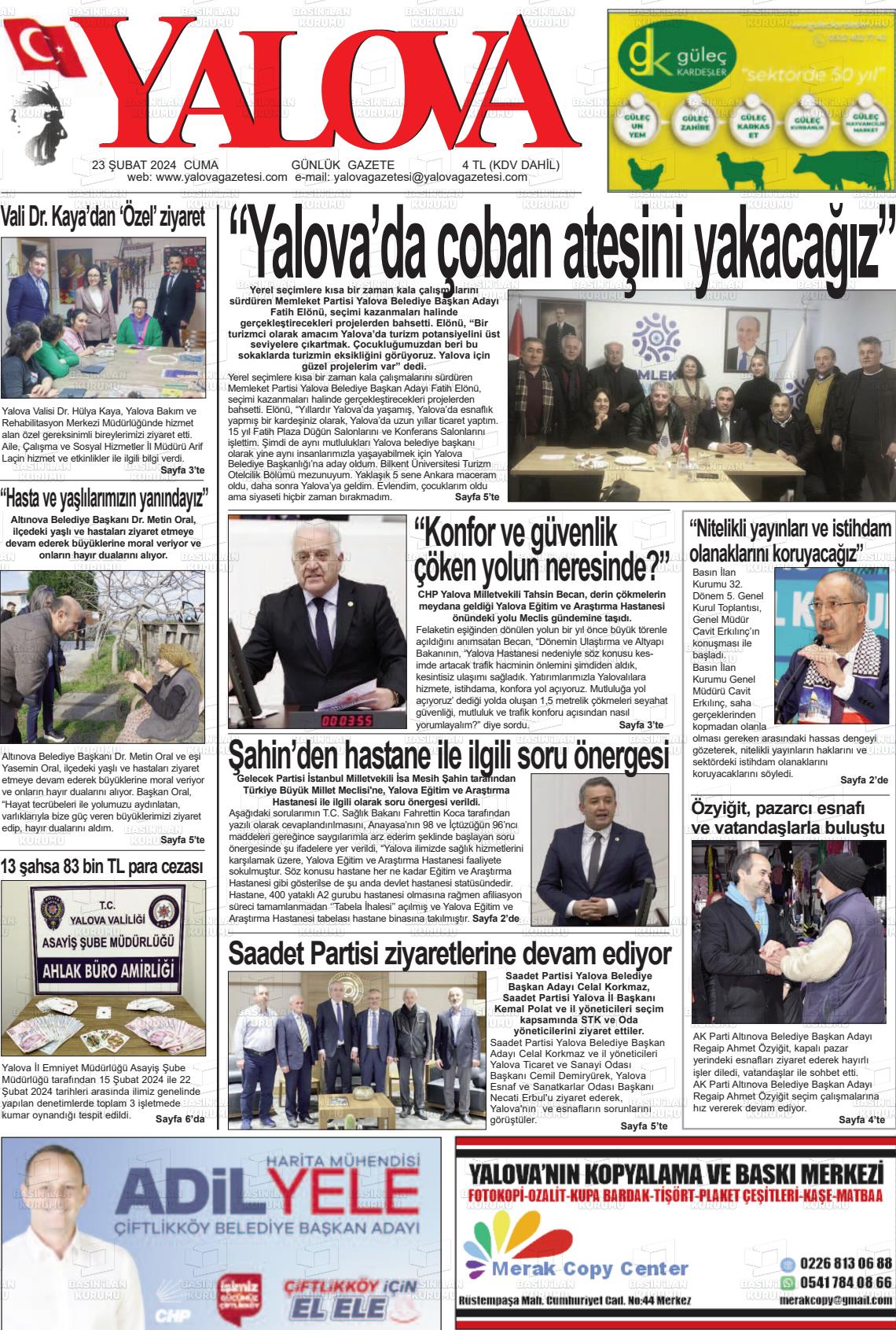 23 Şubat 2024 Yalova Gazete Manşeti