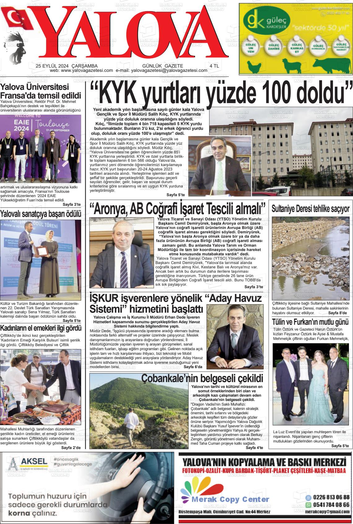 25 Eylül 2024 Yalova Gazete Manşeti