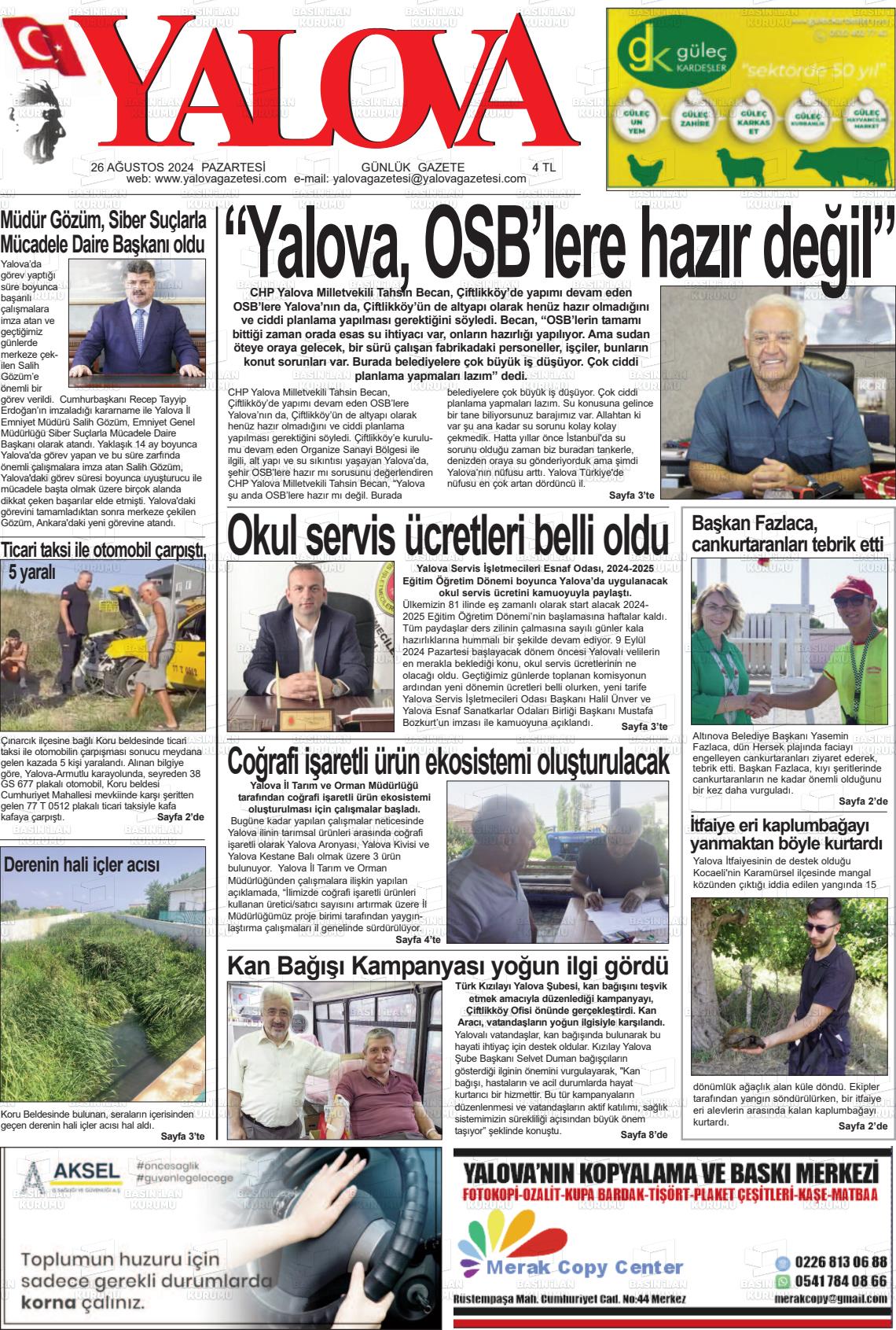 26 Ağustos 2024 Yalova Gazete Manşeti