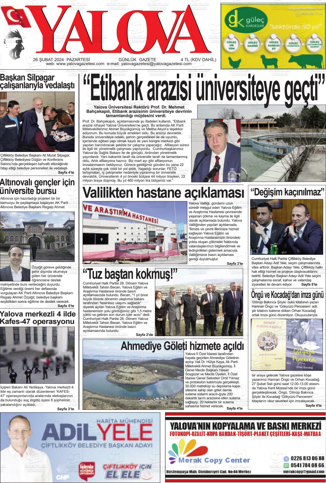 26 Şubat 2024 Yalova Gazete Manşeti