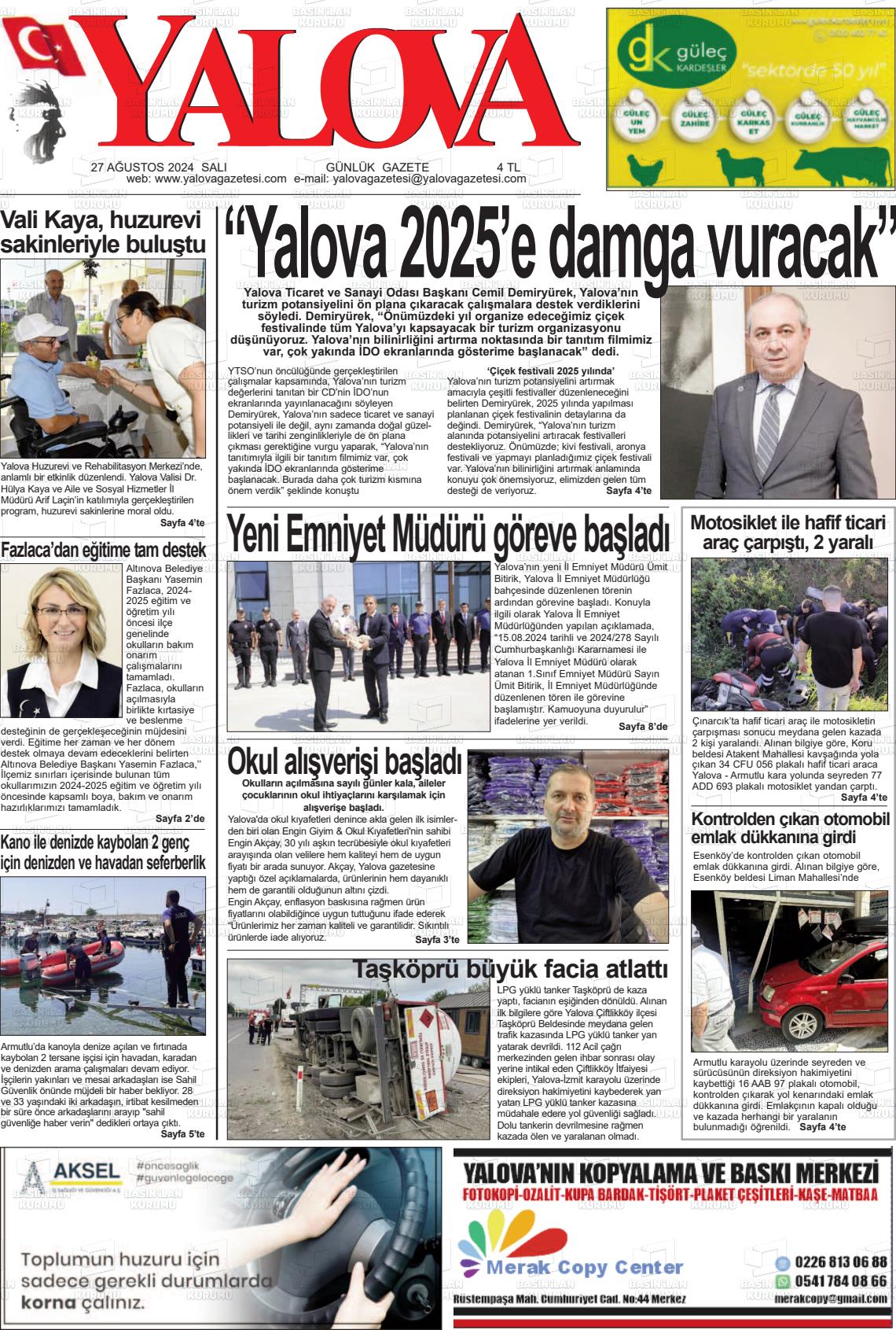 27 Ağustos 2024 Yalova Gazete Manşeti