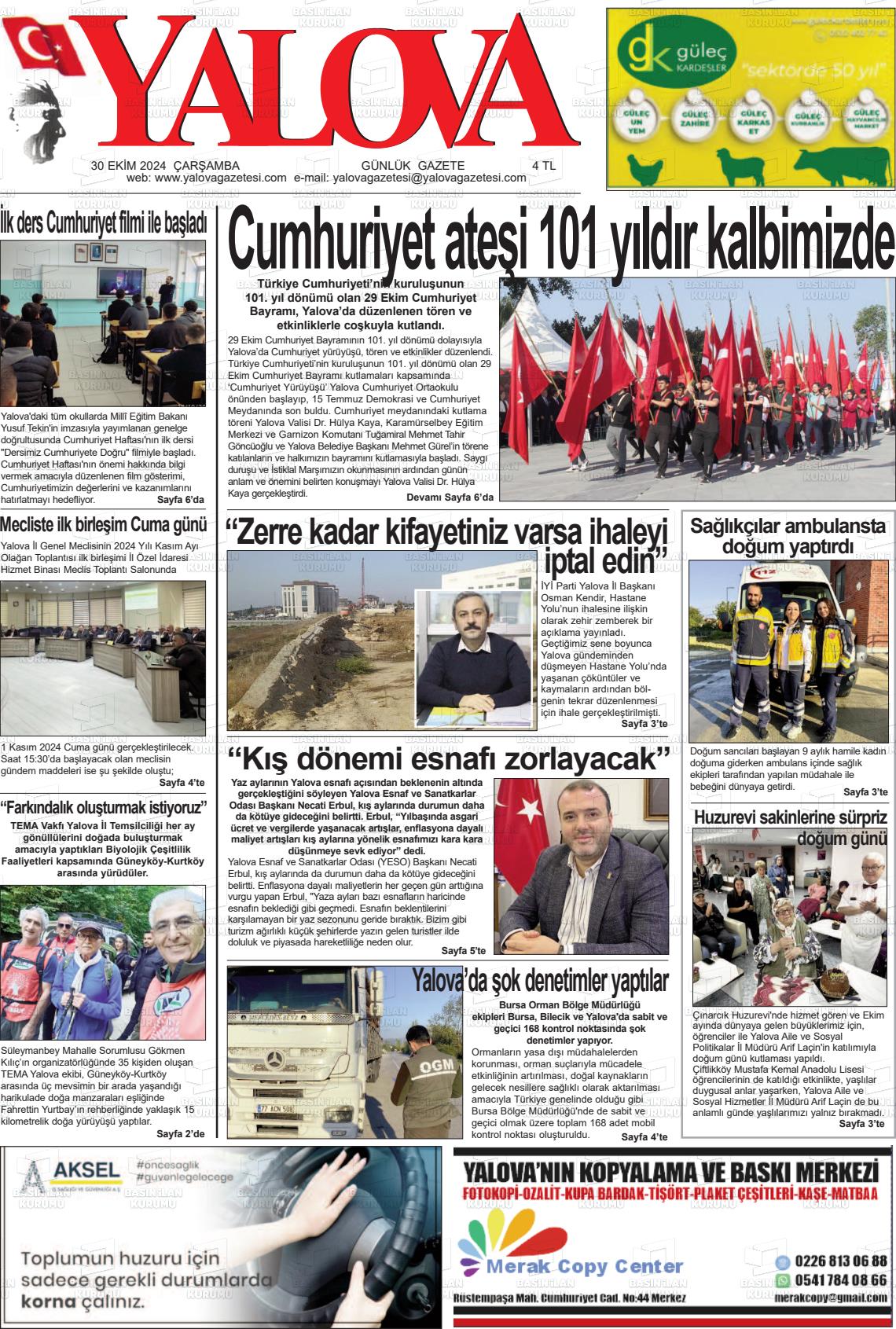 30 Ekim 2024 Yalova Gazete Manşeti