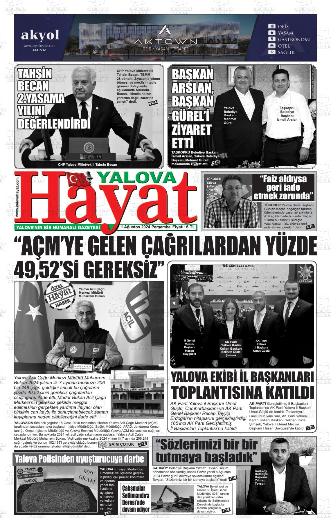 01 Ağustos 2024 Yalova Hayat Gazete Manşeti