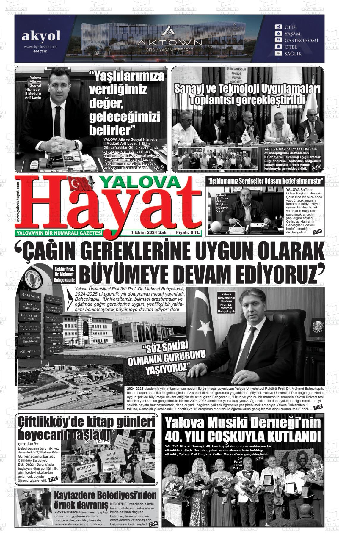 01 Ekim 2024 Yalova Hayat Gazete Manşeti