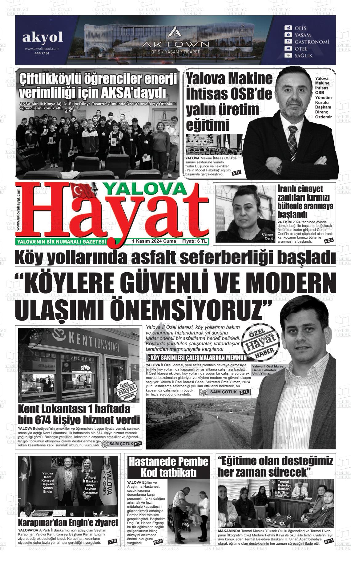 01 Kasım 2024 Yalova Hayat Gazete Manşeti