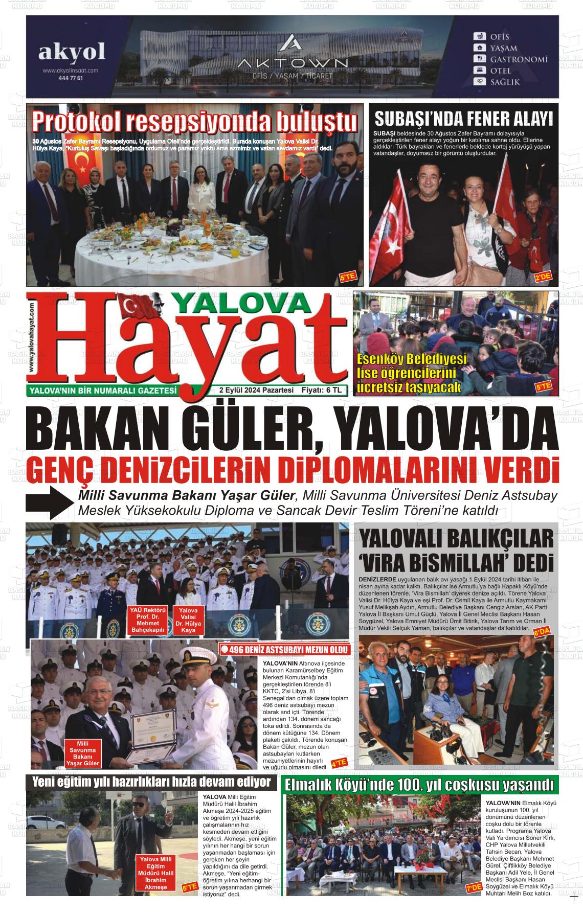 02 Eylül 2024 Yalova Hayat Gazete Manşeti