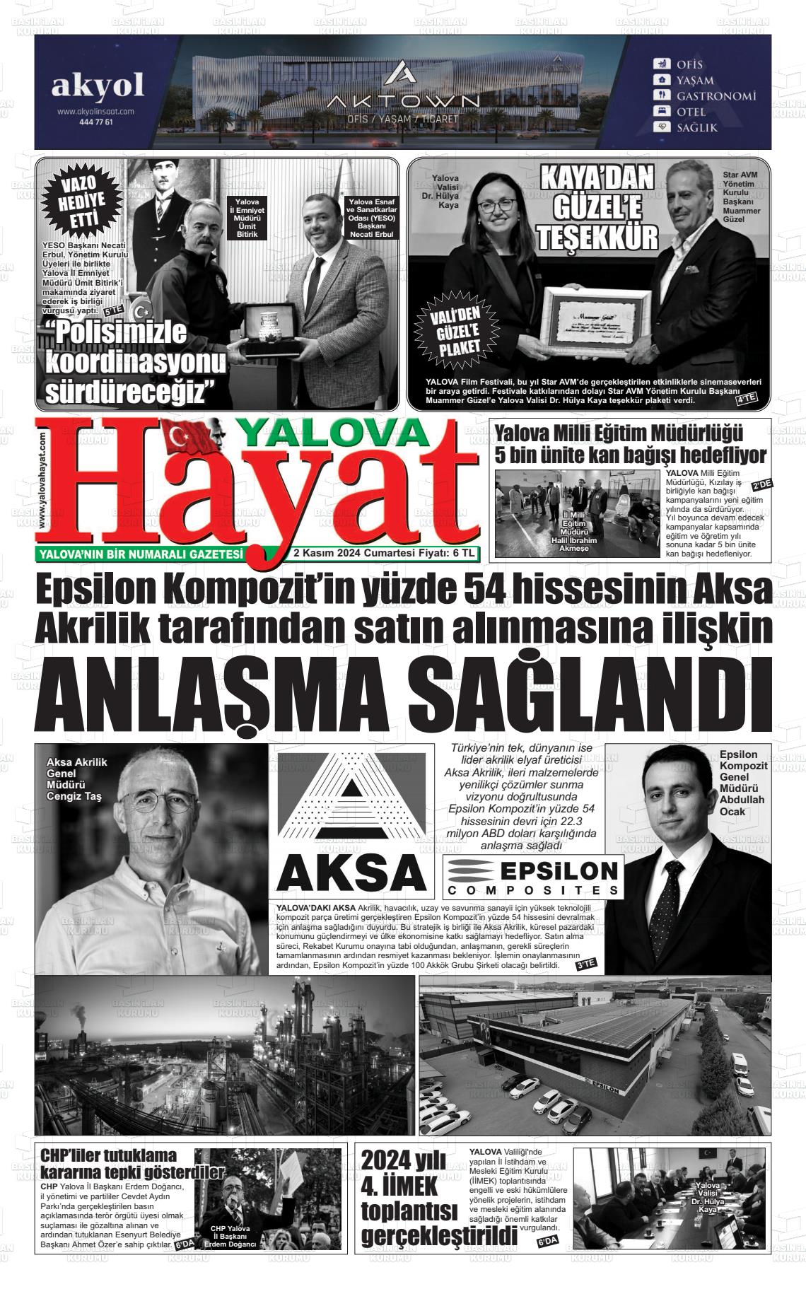 02 Kasım 2024 Yalova Hayat Gazete Manşeti