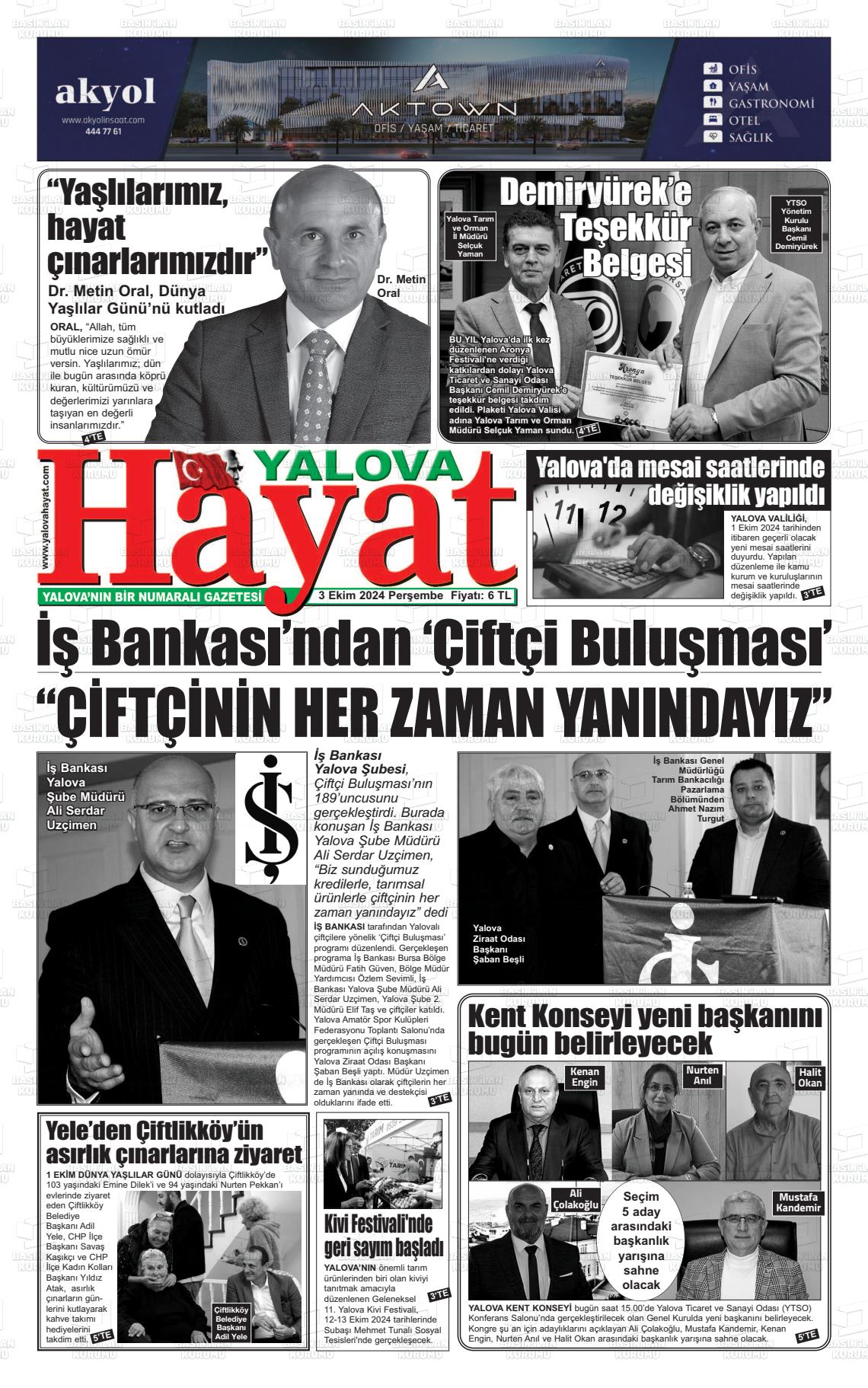 03 Ekim 2024 Yalova Hayat Gazete Manşeti