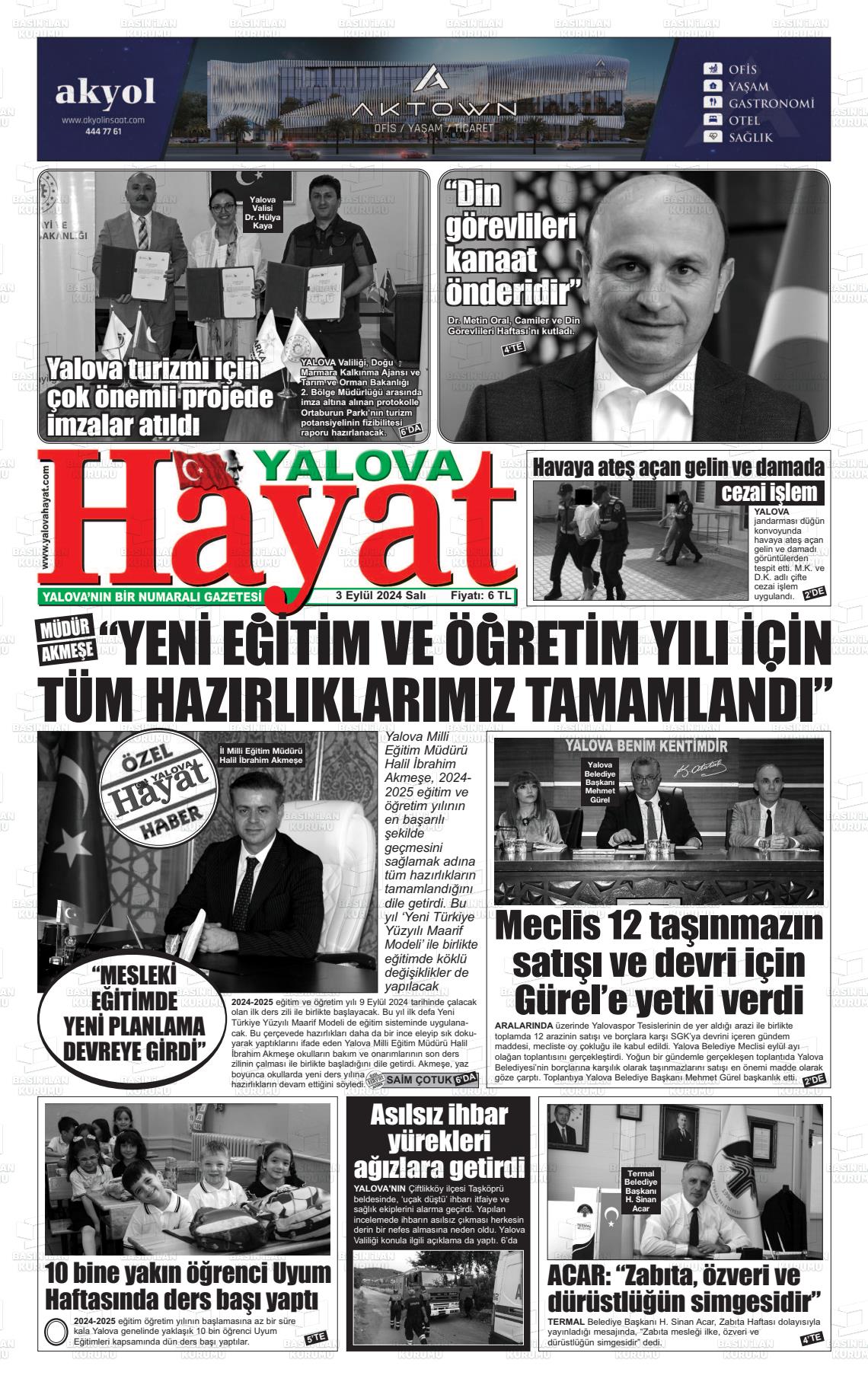 03 Eylül 2024 Yalova Hayat Gazete Manşeti