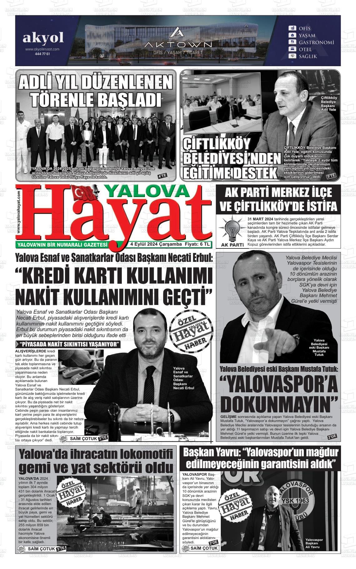 04 Eylül 2024 Yalova Hayat Gazete Manşeti