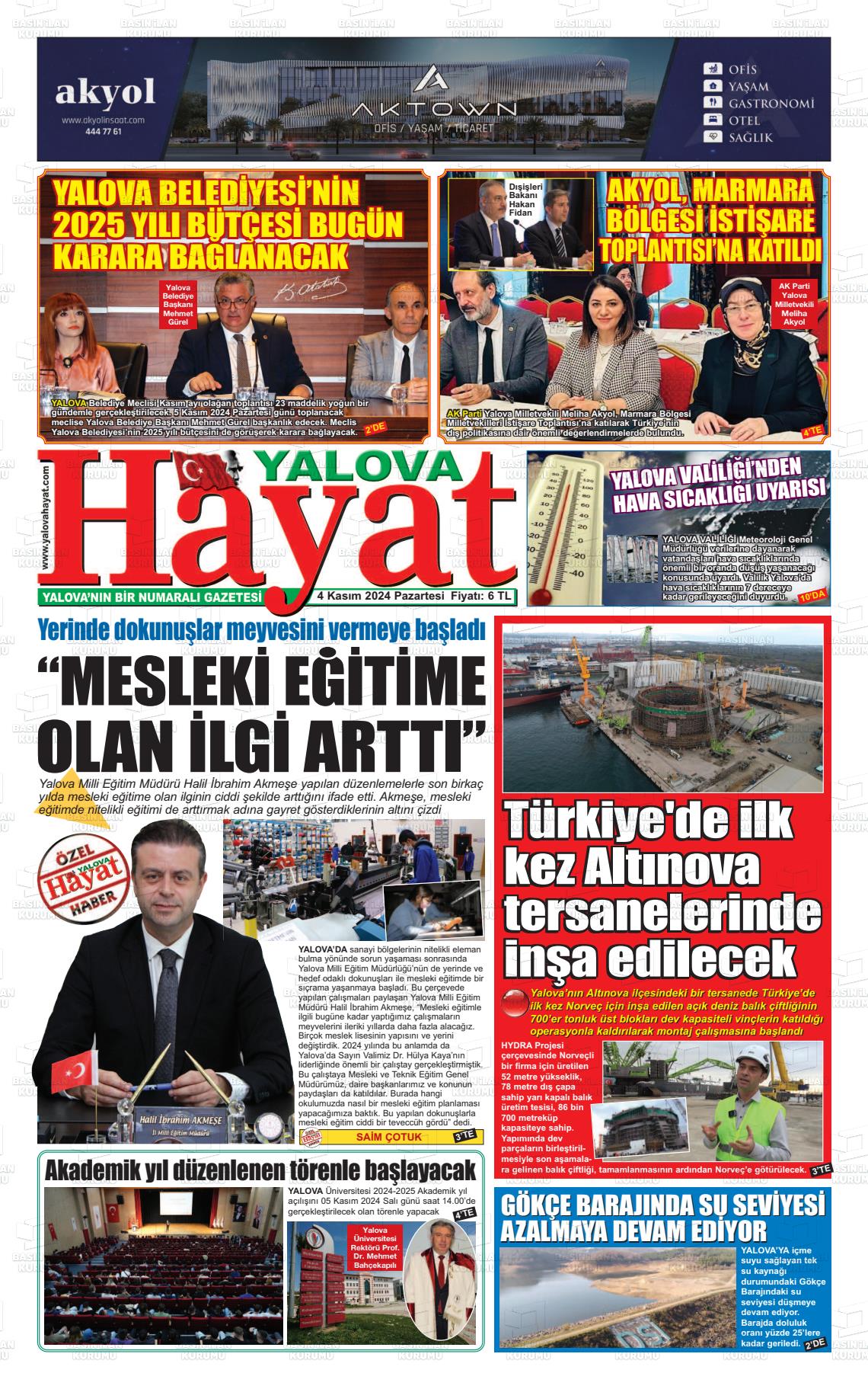 04 Kasım 2024 Yalova Hayat Gazete Manşeti