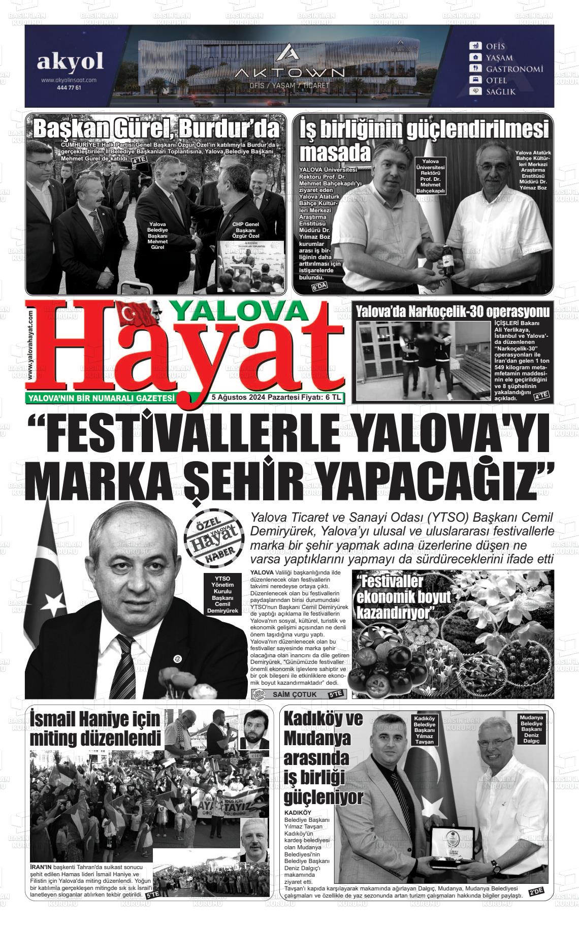 05 Ağustos 2024 Yalova Hayat Gazete Manşeti