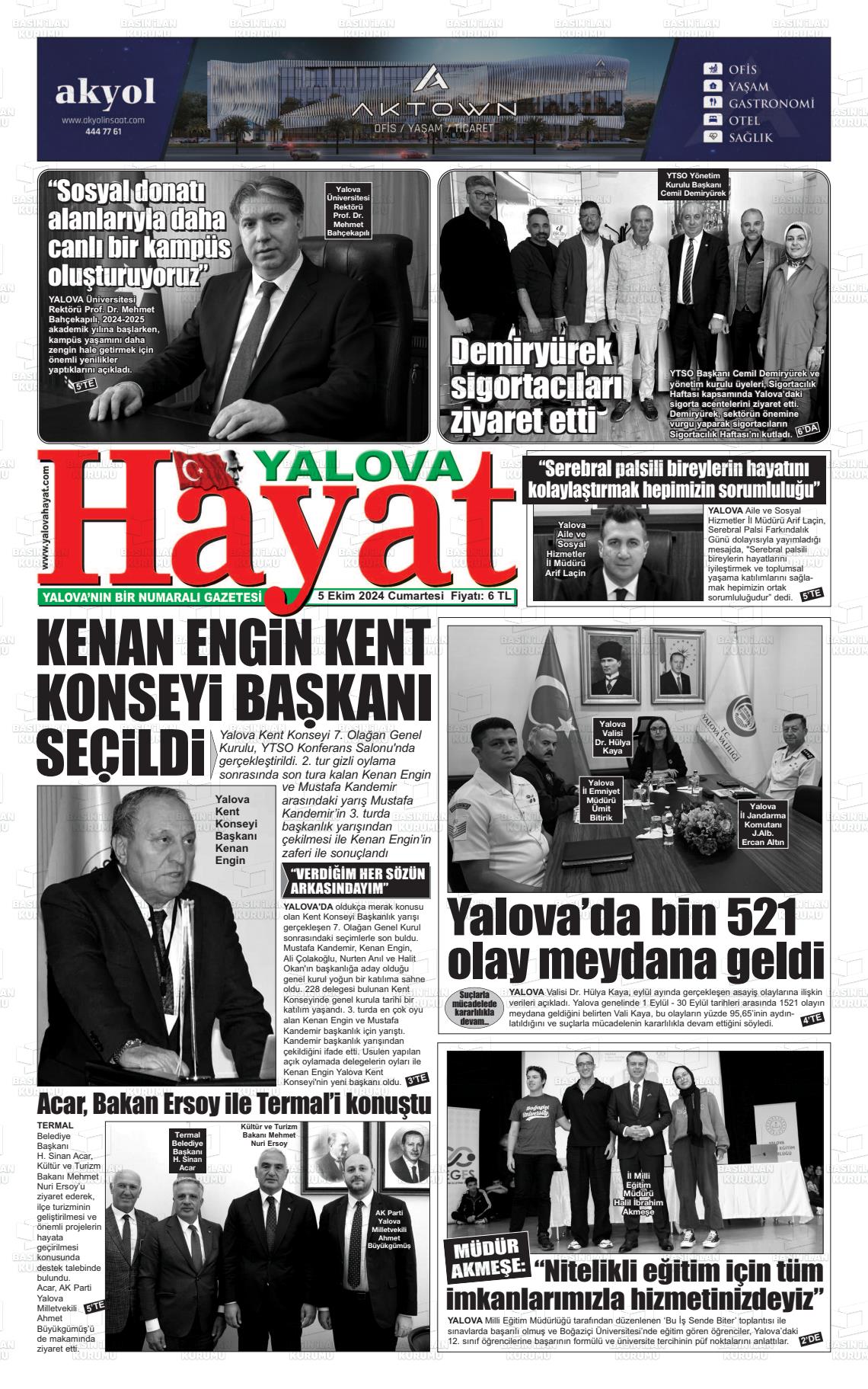 05 Ekim 2024 Yalova Hayat Gazete Manşeti