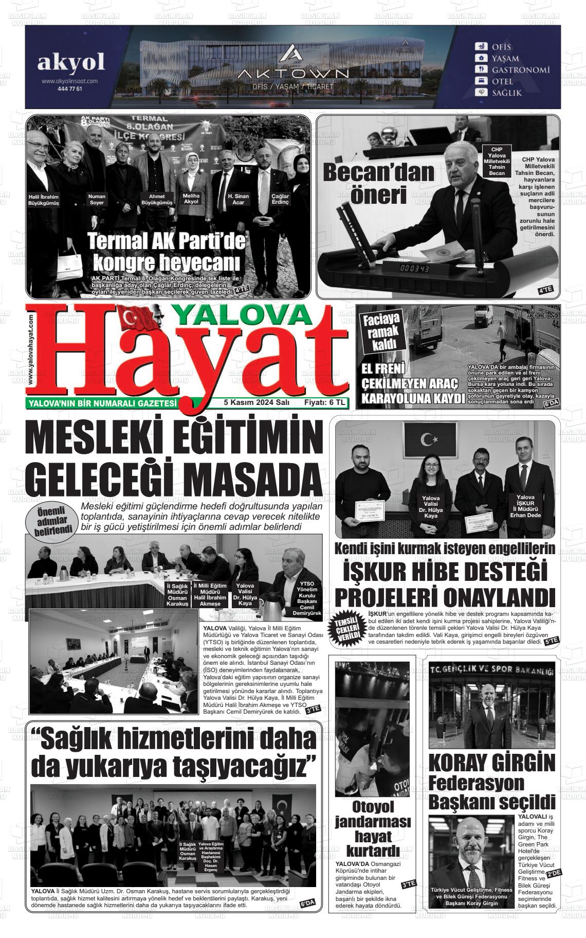 05 Kasım 2024 Yalova Hayat Gazete Manşeti