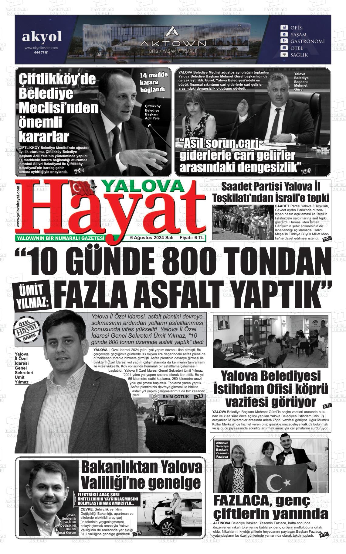 06 Ağustos 2024 Yalova Hayat Gazete Manşeti