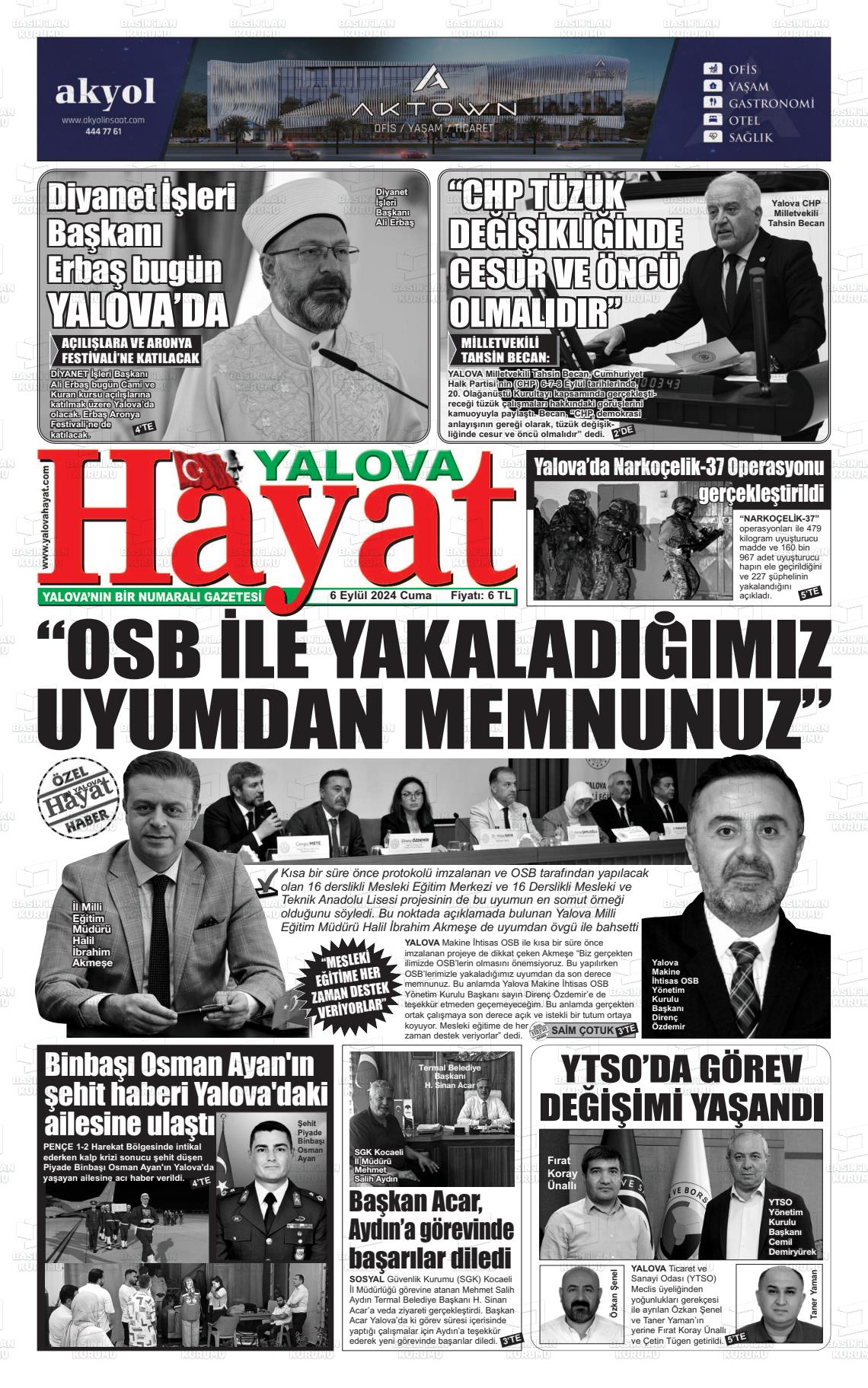 06 Eylül 2024 Yalova Hayat Gazete Manşeti